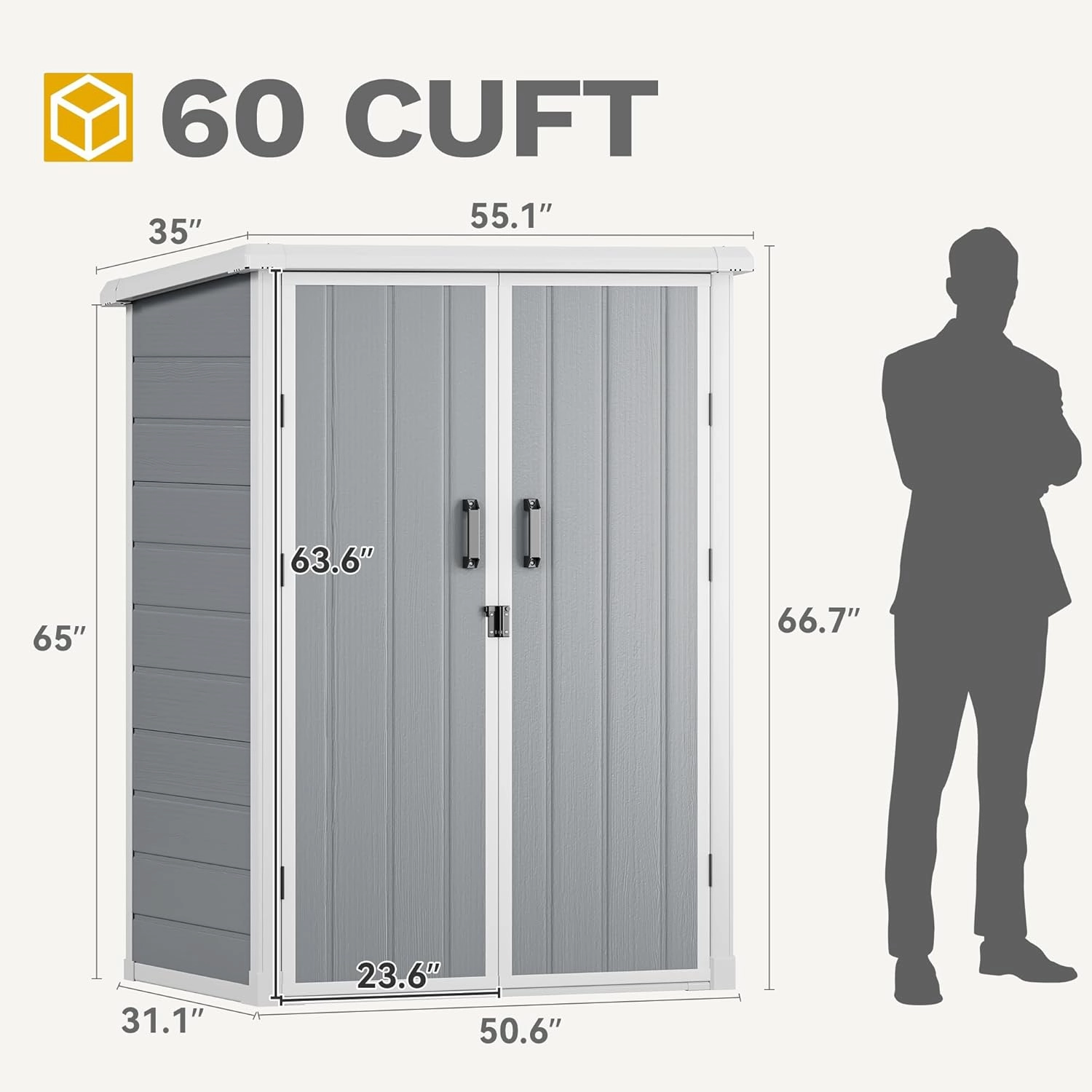 DWVO Outdoor Vertical Storage Shed with 2 Shelves, 60 Cu Ft Waterproof Resin Garden Shed with Floor & Lockable Door, Plastic Tall Tool Cabinet for Garbage Cans, Lawn Equipment, Garden Supplies (Gray)
