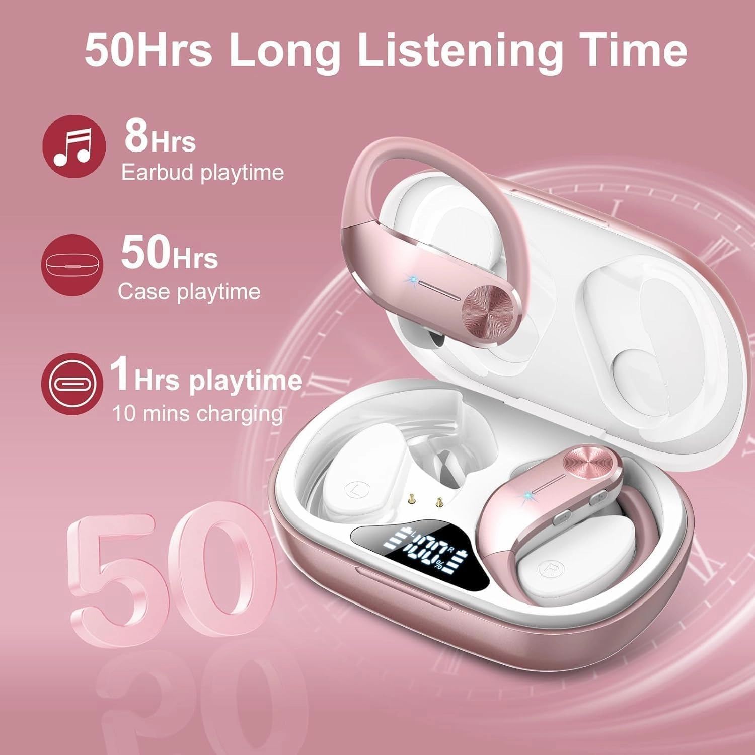 Ear Buds Wireless Bluetooth Earbuds 2025 New Bluetooth 5.3 Headphones with LED Display 68H Playtime Powerful Bass Over Ear Sport Earphones with Earhooks IP7 Waterproof for Gym/Running