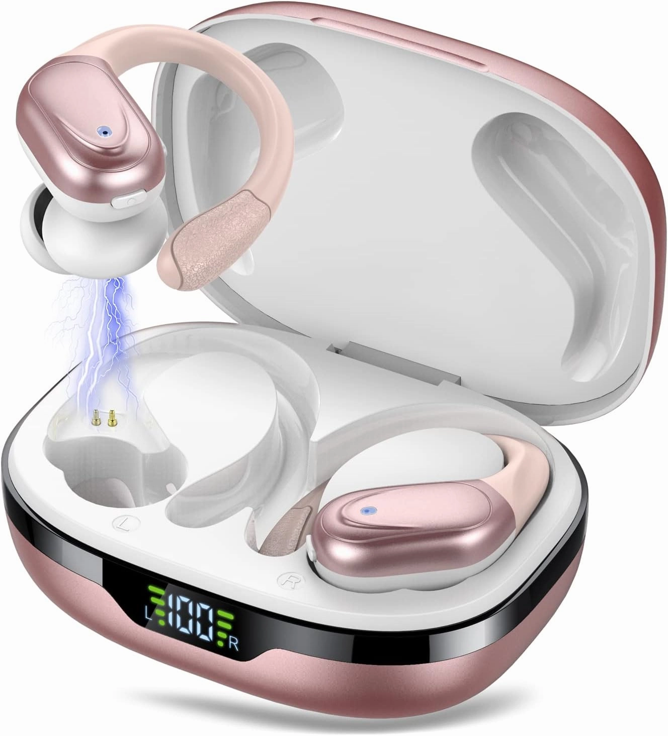 Ear buds Wireless Earbuds Bluetooth 5.3 Headphones 60hrs Playtime with Digital Display Sports Wireless Headphones with Earhook Deep Bass IPX7 Waterproof Over-Ear Earbuds for Android iOS Workout Rose wireless earbuds,Bluetooth earphones,true wireless stereo