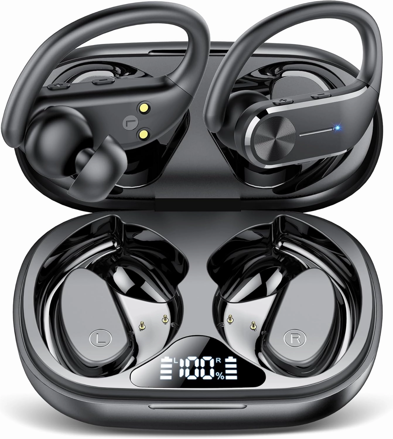 Ear Buds Wireless Earbuds Bluetooth 5.3 HiFi Stereo Running Headphones 68Hrs Playtime Over Ear Headphones with Earhooks for Sport, LED Digital Display IPX7 Waterproof USB C for Running/Work TWS earbuds,compact wireless buds,Bluetooth ear tips,