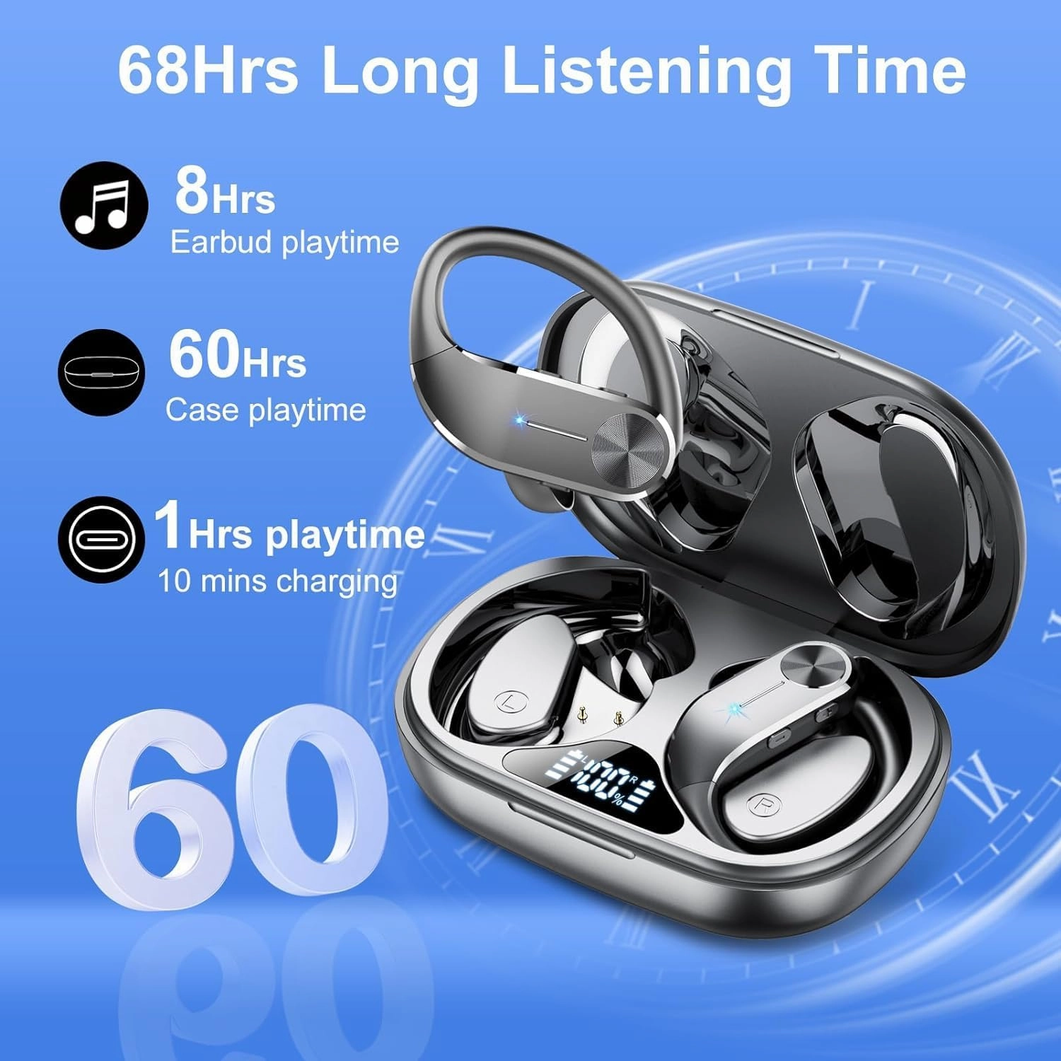 Ear Buds Wireless Earbuds Bluetooth 5.3 HiFi Stereo Running Headphones 68Hrs Playtime Over Ear Headphones with Earhooks for Sport, LED Digital Display IPX7 Waterproof USB C for Running/Work