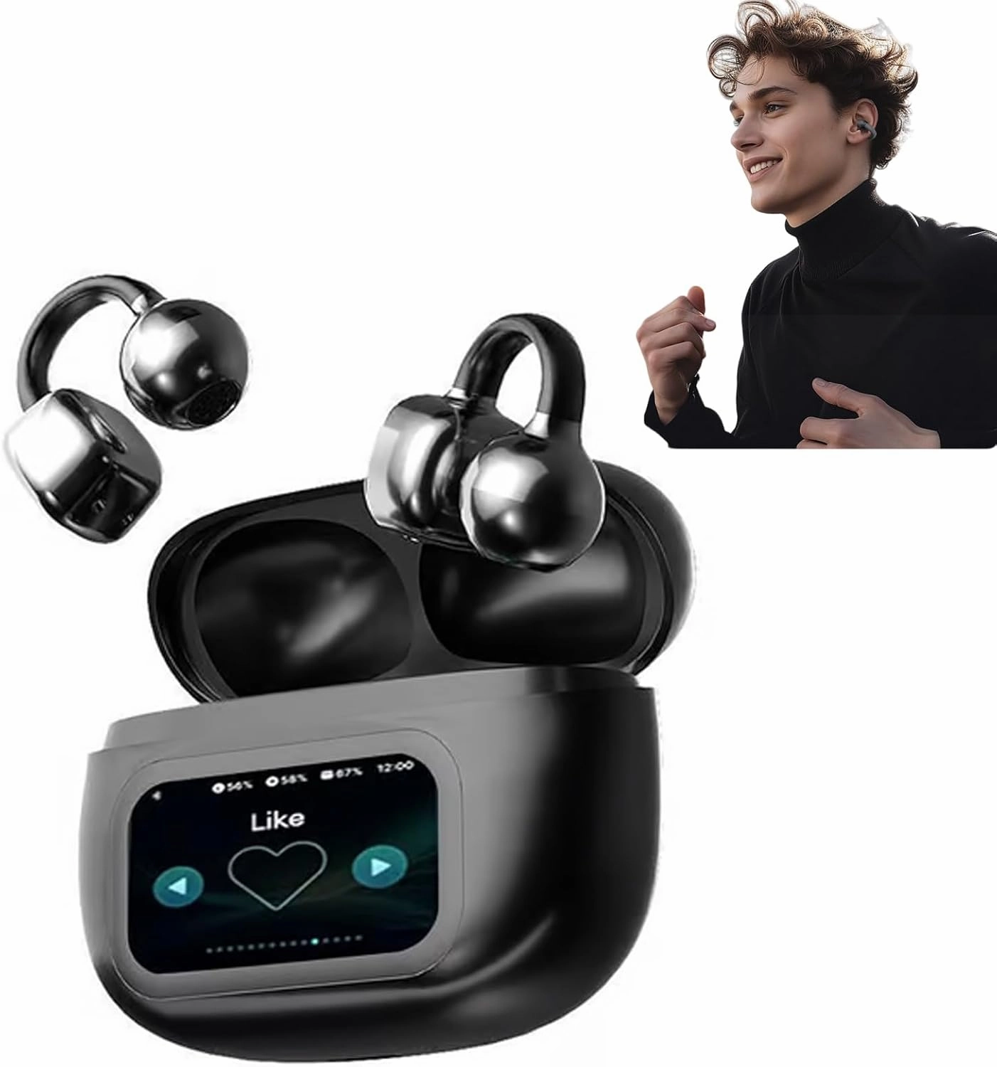 Ear Clip Bluetooth Headphones with Touch Screen, 2025 New Clip On Ear Headphones with Visual Audio, Open Ear Earbuds Wireless, C-Shaped Bridge Ear Buds for Music & Phone Calls (Black) wireless audio bridge,Bluetooth transmitter,WiFi audio link,