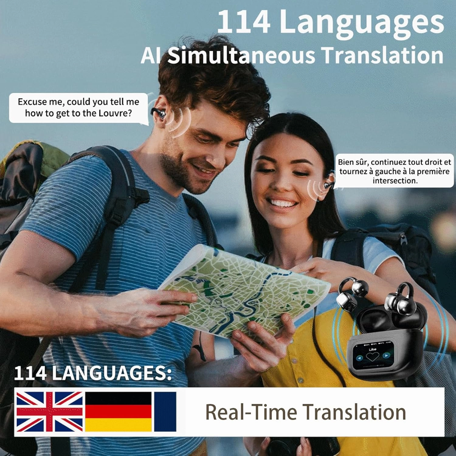 Ear Clip Bluetooth Headphones with Touch Screen, 2025 New Clip On Ear Translator with Visual Audio, Open Ear Earbuds Wireless, C-Shaped Bridge Ear Buds, Real-Time Translation (Black, Translation)