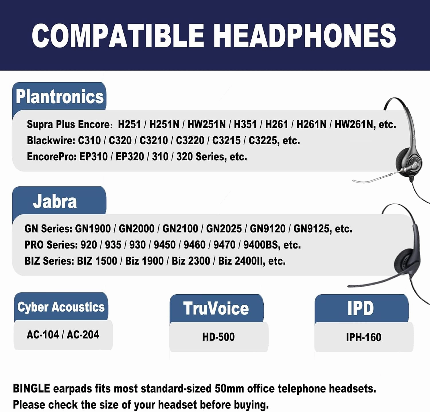 Ear Cushions for Plantronics Headset Replacement 50mm Ear Pads Compatible with Plantronics HW251N HW261N HW510 HW520 Blackwire C320 3210 3220 3320 Jabra Pro 920 9450 GN 2000 9125 Biz 2300 (4 Pack)