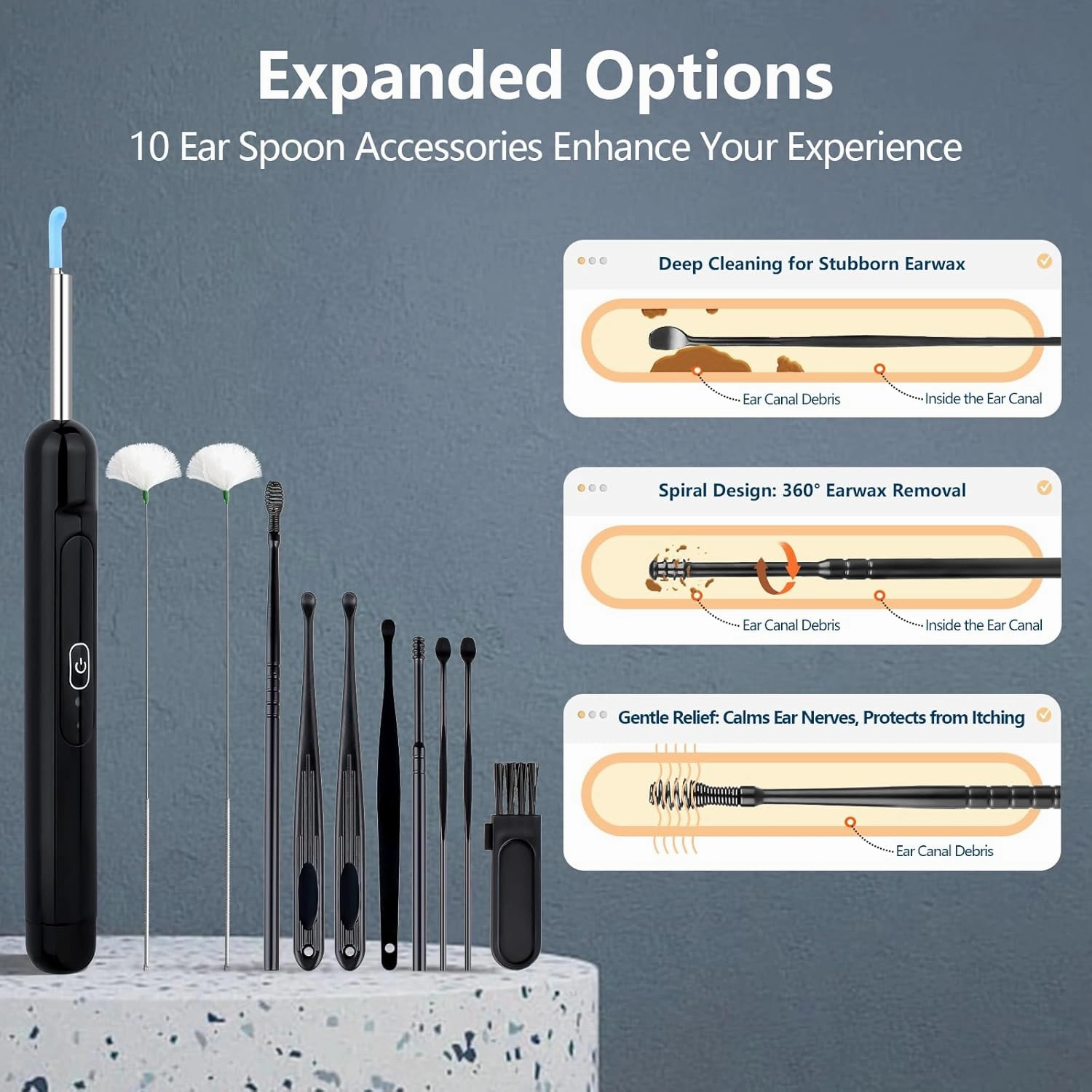 Ear Wax Removal Tool Camera, 1080P Ear Cleaner with Camera, Ear Wax Removal Kit with 6 LED Lights/10Pcs Ear Care Kit, Otoscope Ear Cleaning Kit for iOS/Android (Includes Goose Feather Stick, Black)