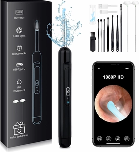 Ear Wax Removal Tool Camera, 1080P Ear Cleaner with Camera, Ear Wax Removal Kit with 6 LED Lights/10Pcs Ear Care Kit, Otoscope Ear Cleaning Kit for iOS/Android (Includes Goose Feather Stick, Black) record cleaning kit,vinyl cleaner,stylus brush set,