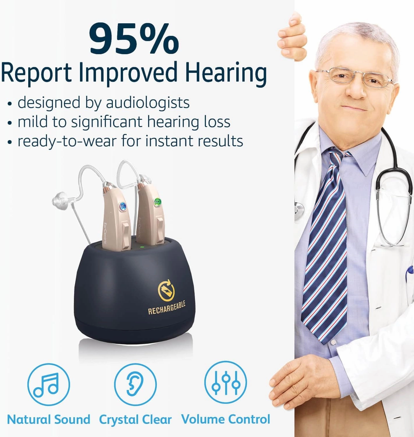 EarCentric EasyCharge Rechargeable Hearing Aids for Seniors Mid-Aged - Mild to Severe High Frequency Hearing Loss Aid OTC Sound Amplifiers - Magnetic Charger, 24x7 Customer Support [Light Beige-Pair]