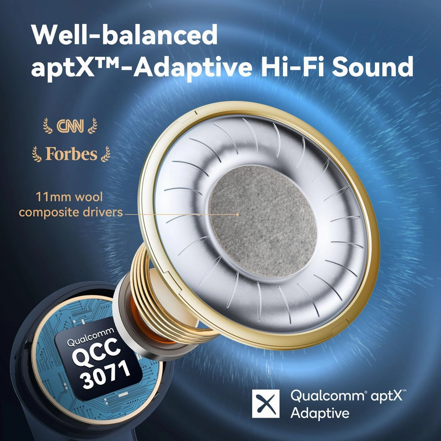 EarFun Air Pro 3 Noise Cancelling Wireless Earbuds, Qualcomm? aptX? Adaptive Sound, 6 Mics CVC 8.0 ENC, Bluetooth 5.3 Earbuds, Multipoint Connection, 45H Playtime, App Customize EQ, Blue