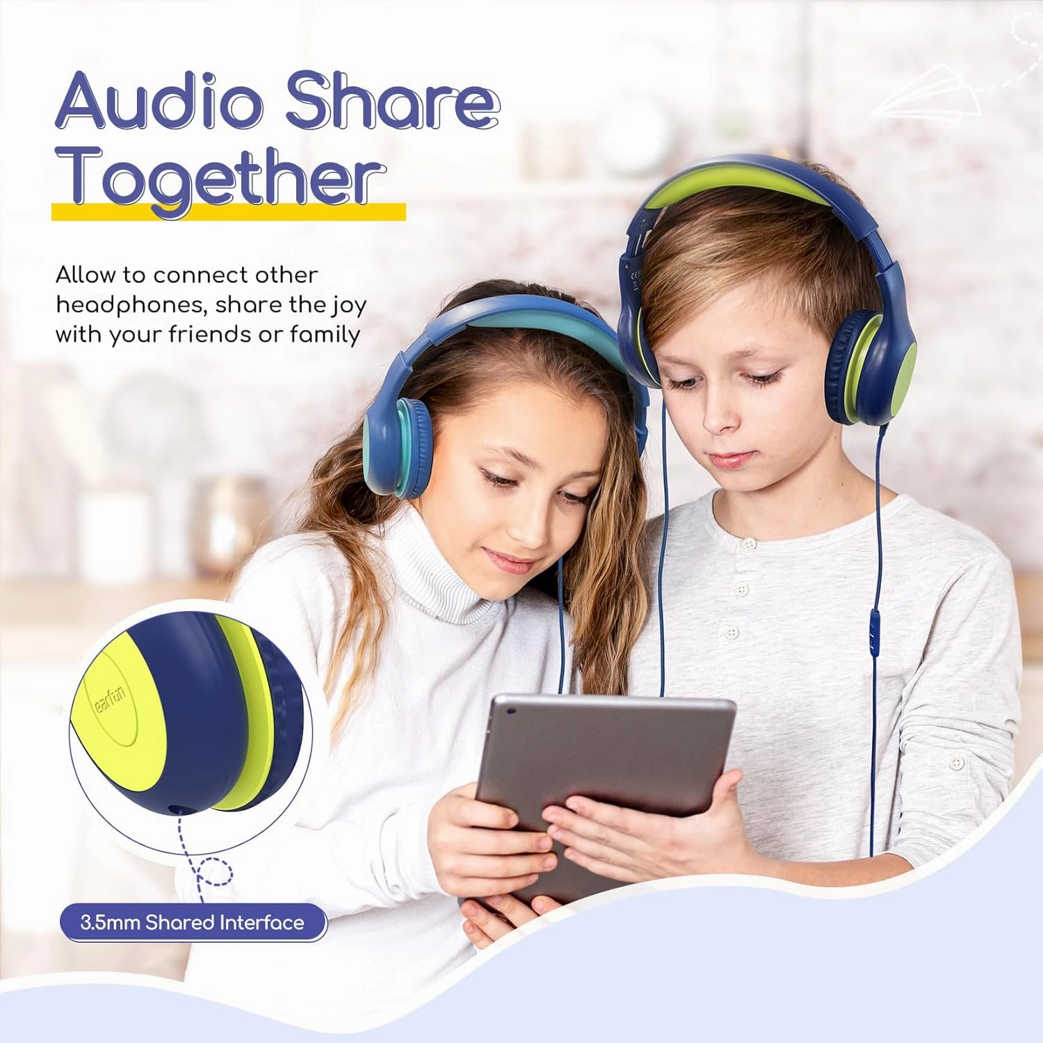 EarFun Kids Headphones Wired with Microphone, 85/94dB Volume Limit Headphones for Kids, Portable Wired Headphone with Shareport, Stereo Sound Foldable Headset for School/Tablet/iPad, Blue Lemon