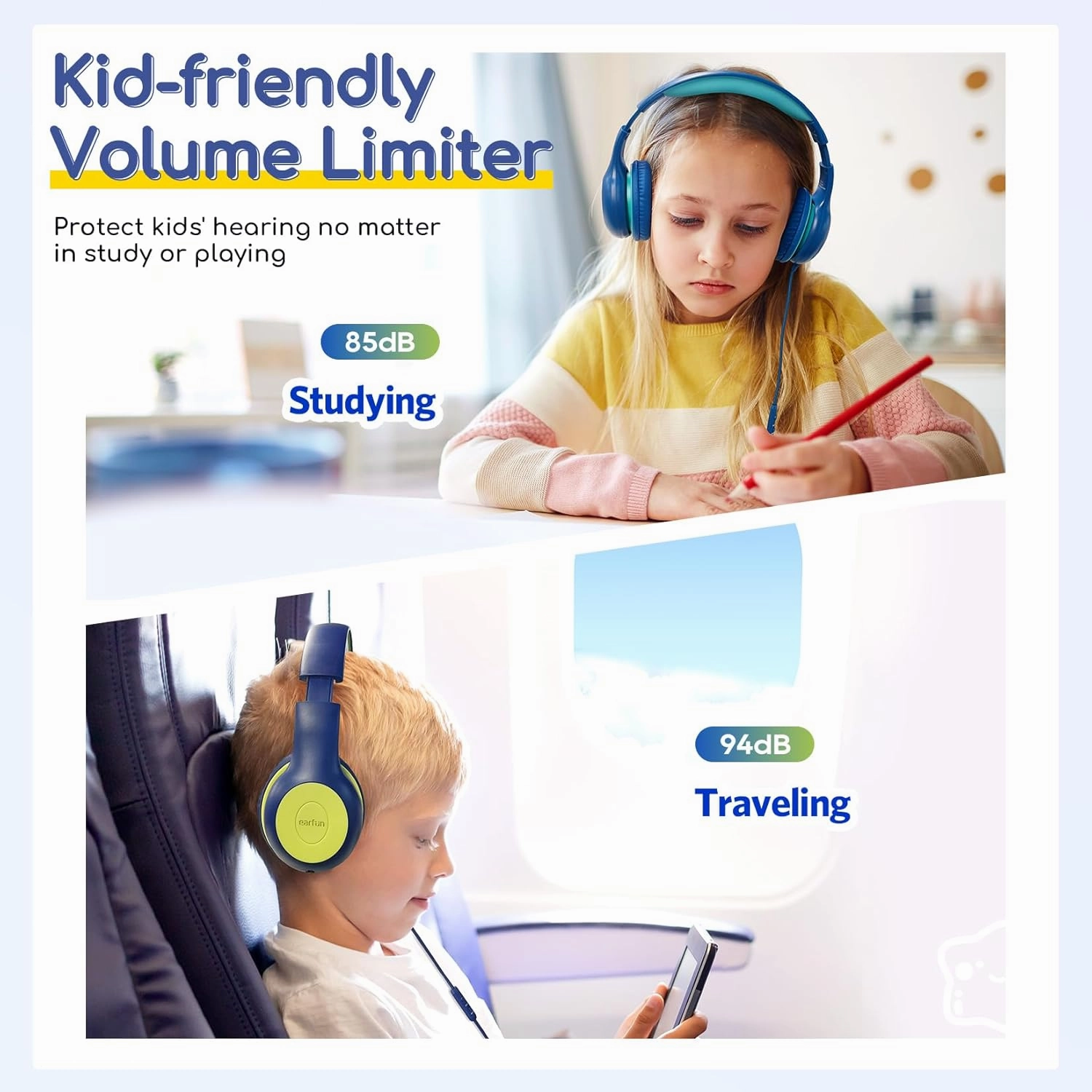EarFun Kids Headphones Wired with Microphone, 85/94dB Volume Limit Headphones for Kids, Portable Wired Headphone with Shareport, Stereo Sound Foldable Headset for School/Tablet/iPad, Blue Lemon