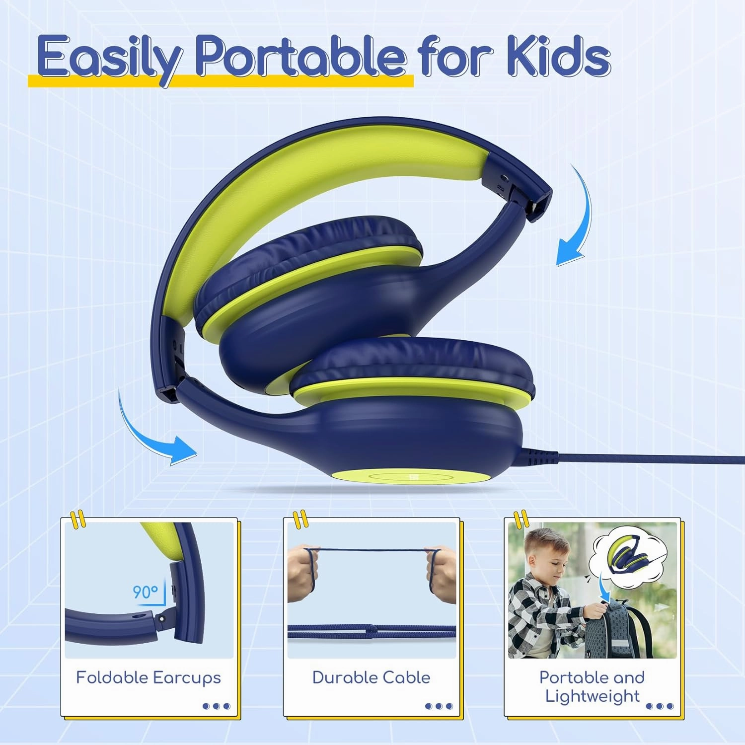 EarFun Kids Headphones Wired with Microphone, 85/94dB Volume Limit Headphones for Kids, Portable Wired Headphone with Shareport, Stereo Sound Foldable Headset for School/Tablet/iPad, Blue Lemon