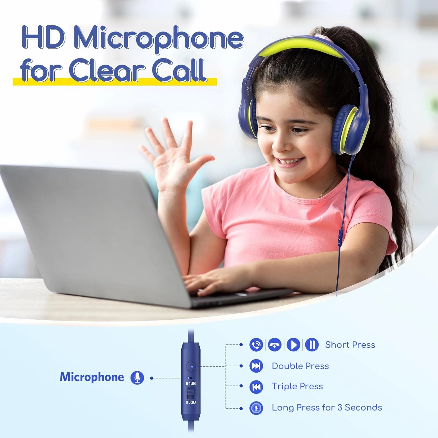 EarFun Kids Headphones Wired with Microphone, 85/94dB Volume Limit Headphones for Kids, Portable Wired Headphone with Shareport, Stereo Sound Foldable Headset for School/Tablet/iPad, Blue Lemon