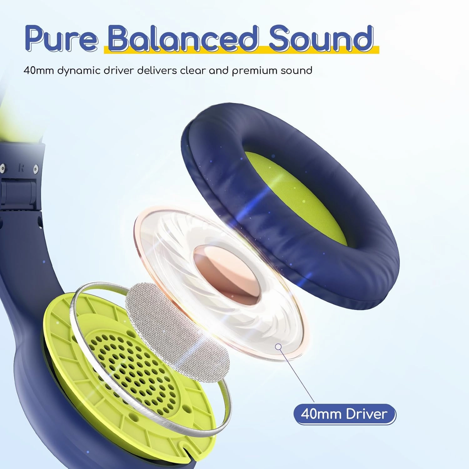 EarFun Kids Headphones Wired with Microphone, 85/94dB Volume Limit Headphones for Kids, Portable Wired Headphone with Shareport, Stereo Sound Foldable Headset for School/Tablet/iPad, Blue Lemon