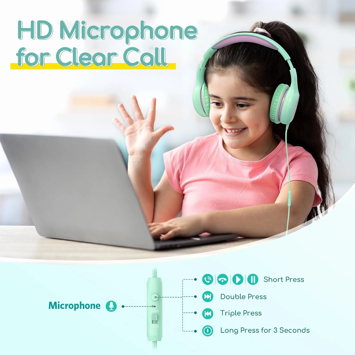 EarFun Kids Headphones Wired with Microphone, 85/94dB Volume Limit Headphones for Kids, Portable Wired Headphone with Shareport, Stereo Sound Foldable Headset for School/Tablet/iPad, Green Violet