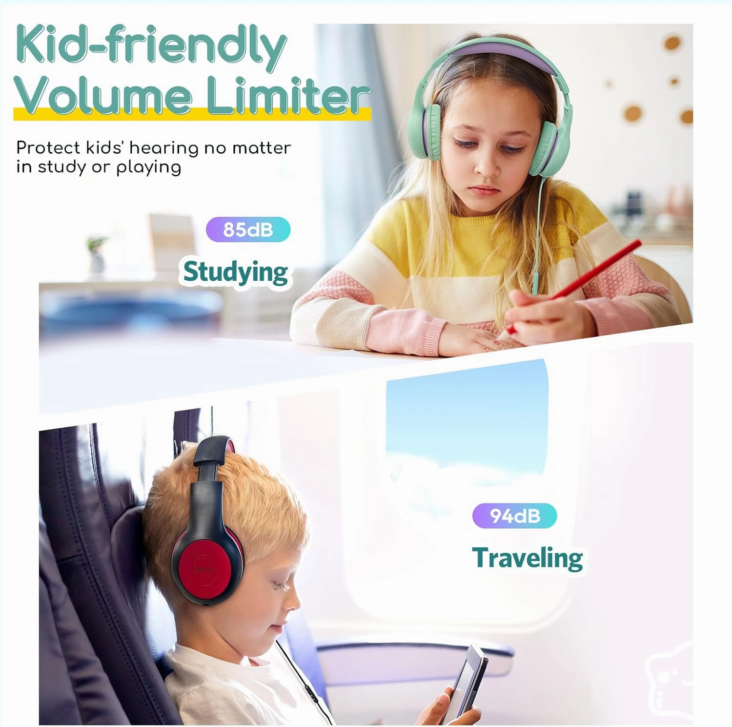 EarFun Kids Headphones Wired with Microphone, 85/94dB Volume Limit Headphones for Kids, Portable Wired Headphone with Shareport, Stereo Sound Foldable Headset for School/Tablet/iPad, Green Violet
