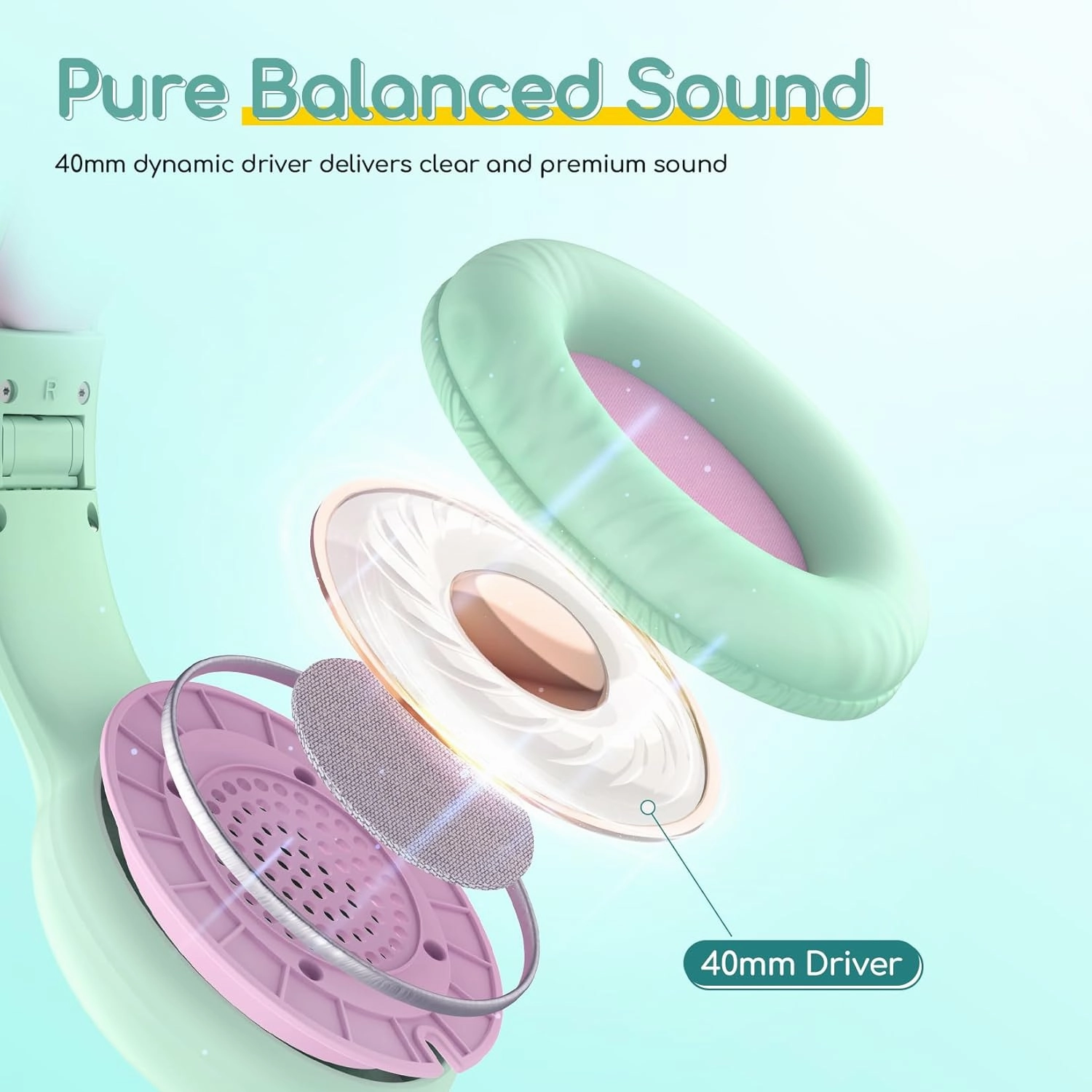 EarFun Kids Headphones Wired with Microphone, 85/94dB Volume Limit Headphones for Kids, Portable Wired Headphone with Shareport, Stereo Sound Foldable Headset for School/Tablet/iPad, Green Violet