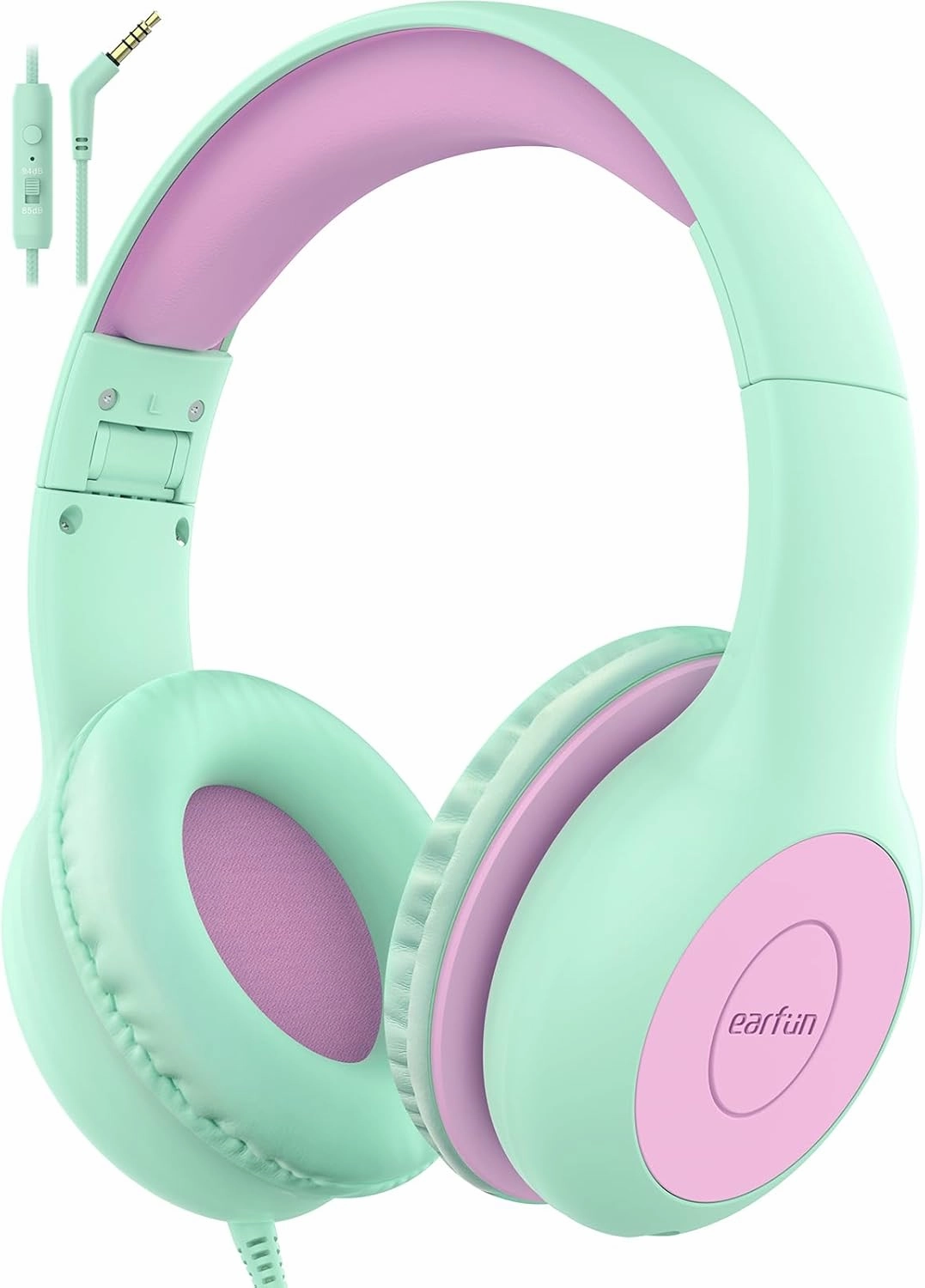 EarFun Kids Headphones Wired with Microphone, 85/94dB Volume Limit Headphones for Kids, Portable Wired Headphone with Shareport, Stereo Sound Foldable Headset for School/Tablet/iPad, Green Violet over-ear headphones,closed back headphones,wireless studio c