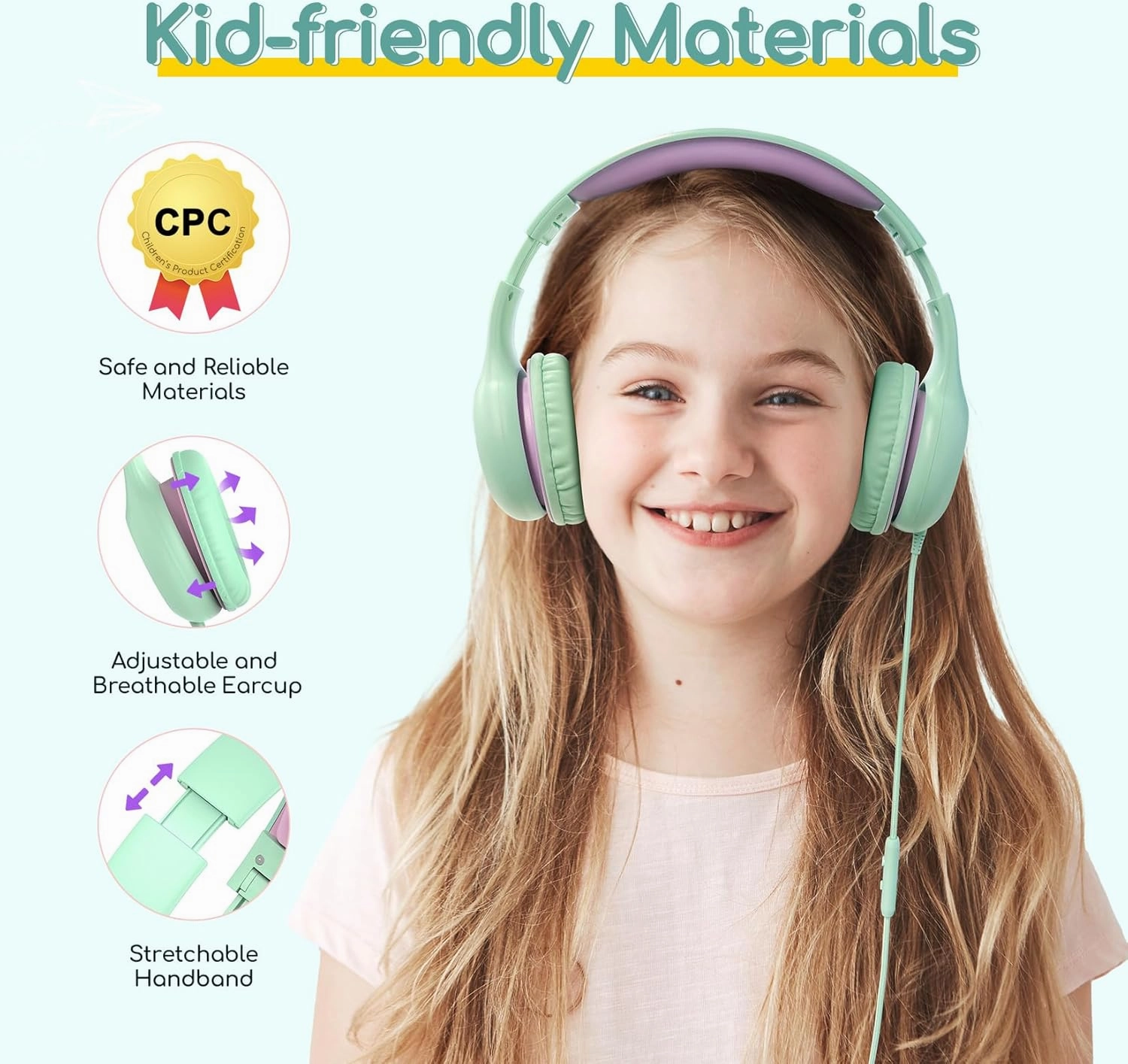 EarFun Kids Headphones Wired with Microphone, 85/94dB Volume Limit Headphones for Kids, Portable Wired Headphone with Shareport, Stereo Sound Foldable Headset for School/Tablet/iPad, Green Violet
