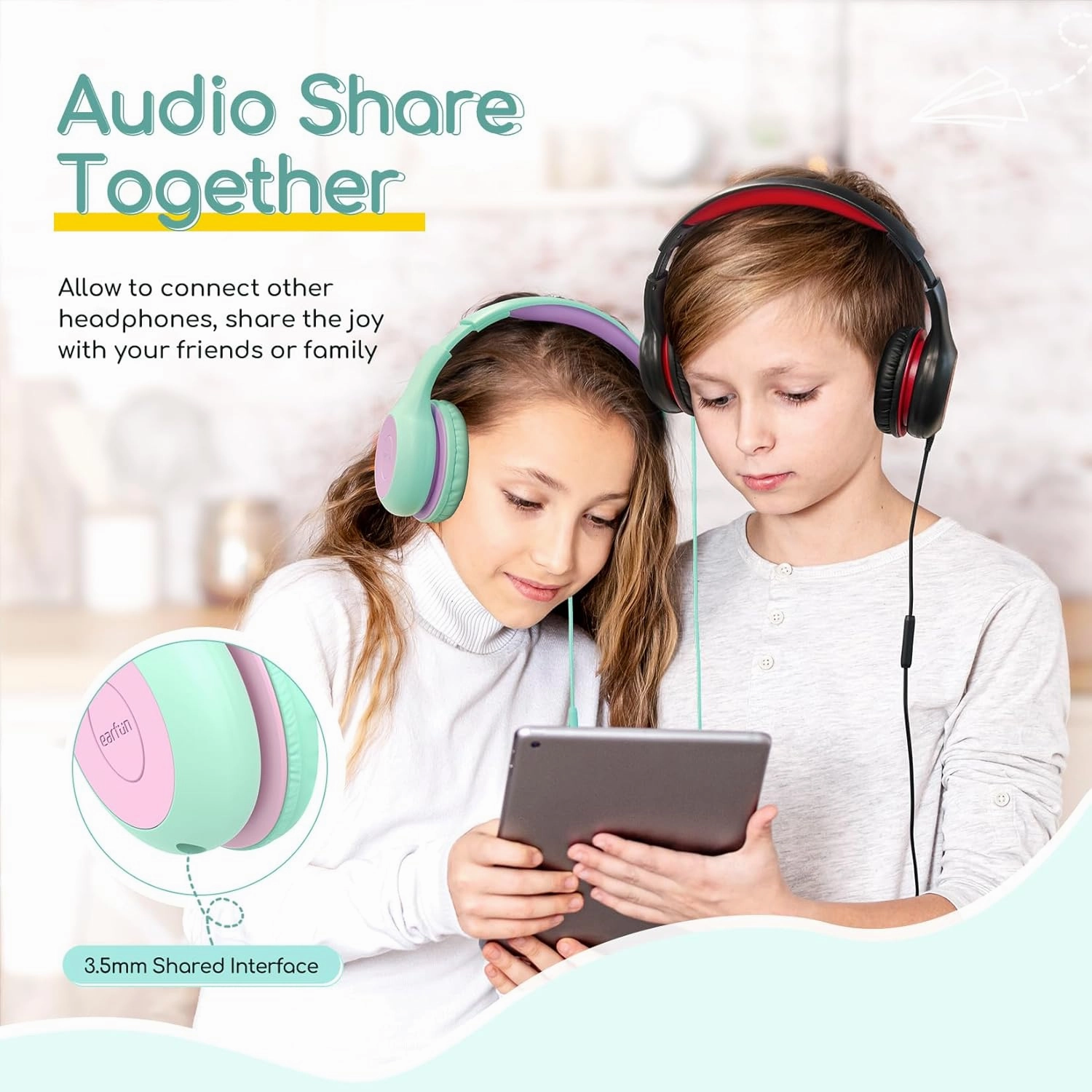 EarFun Kids Headphones Wired with Microphone, 85/94dB Volume Limit Headphones for Kids, Portable Wired Headphone with Shareport, Stereo Sound Foldable Headset for School/Tablet/iPad, Green Violet