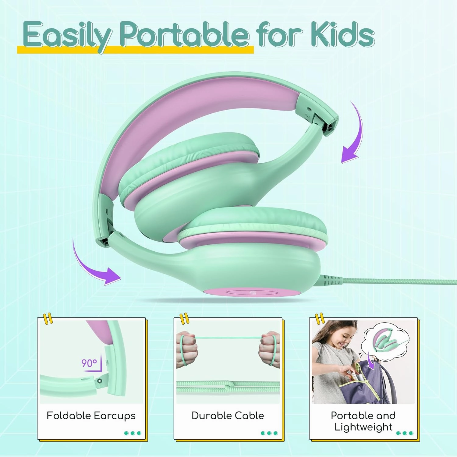 EarFun Kids Headphones Wired with Microphone, 85/94dB Volume Limit Headphones for Kids, Portable Wired Headphone with Shareport, Stereo Sound Foldable Headset for School/Tablet/iPad, Green Violet