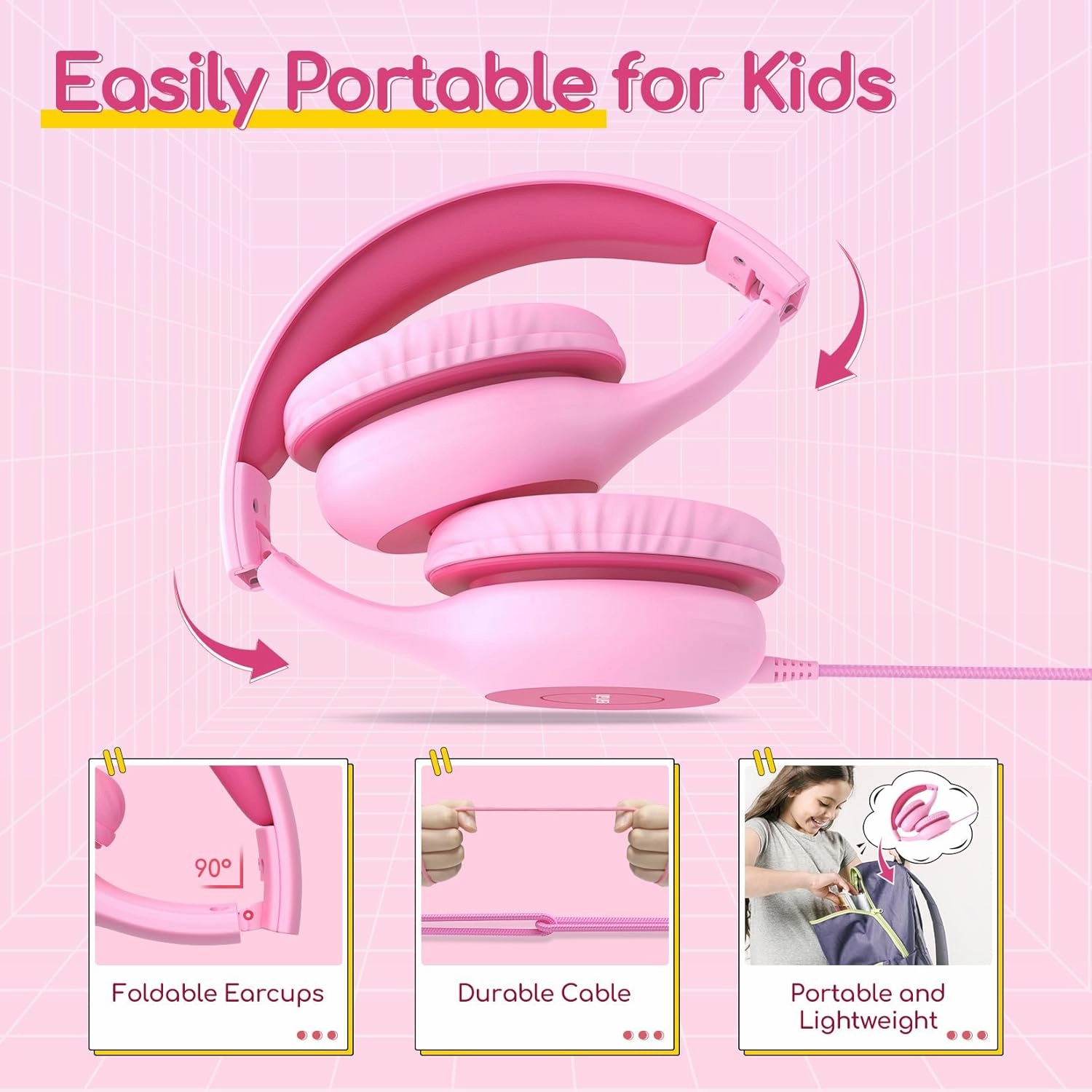 EarFun Kids Headphones Wired with Microphone, 85/94dB Volume Limit Headphones for Kids, Portable Wired Headphone with Shareport, Stereo Sound Foldable Headset for School/Tablet/Kindle Fuscia Pink
