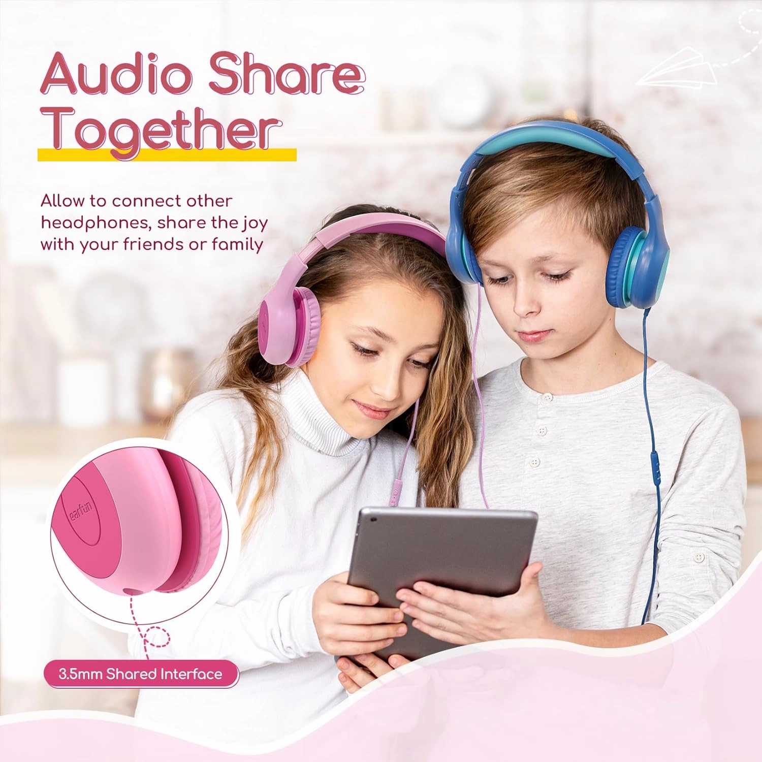 EarFun Kids Headphones Wired with Microphone, 85/94dB Volume Limit Headphones for Kids, Portable Wired Headphone with Shareport, Stereo Sound Foldable Headset for School/Tablet/Kindle Fuscia Pink
