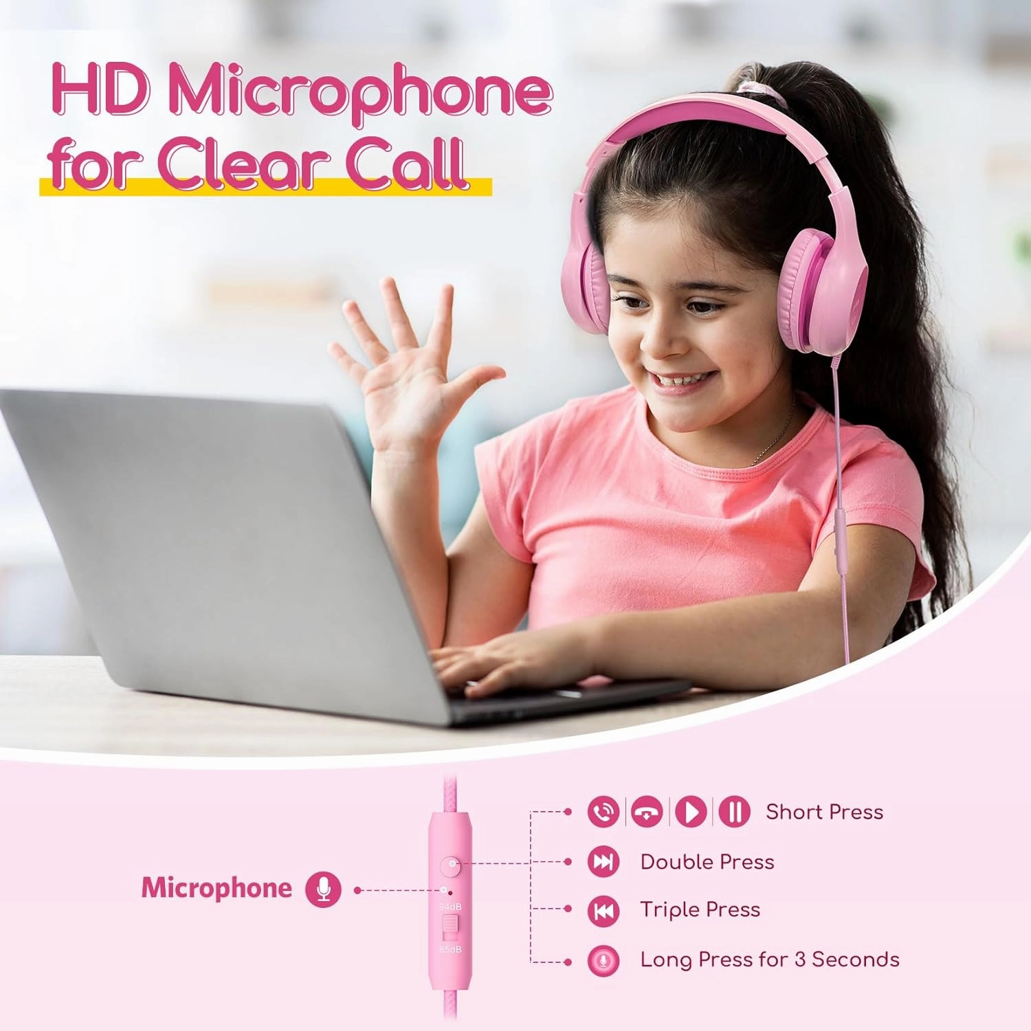 EarFun Kids Headphones Wired with Microphone, 85/94dB Volume Limit Headphones for Kids, Portable Wired Headphone with Shareport, Stereo Sound Foldable Headset for School/Tablet/Kindle Fuscia Pink