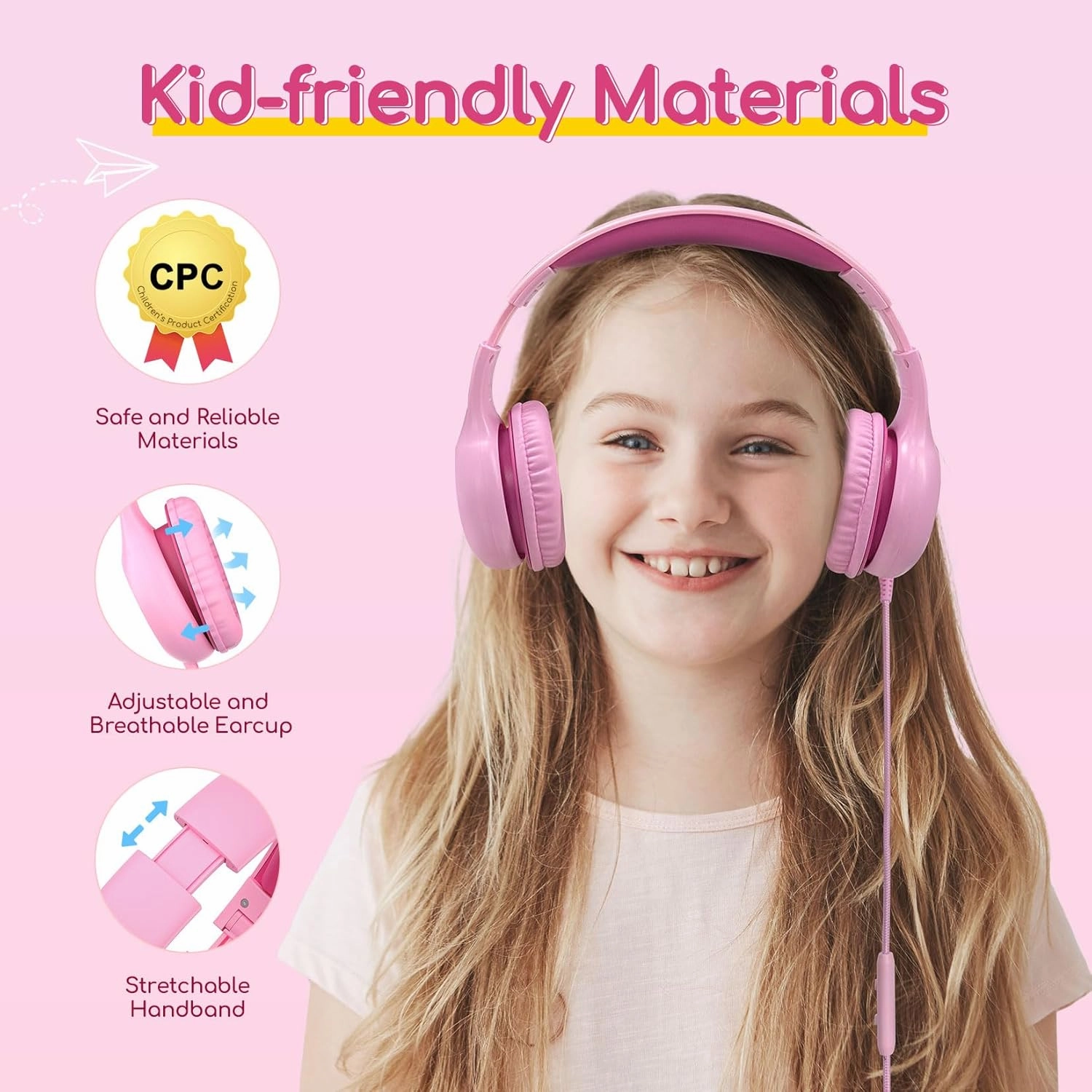 EarFun Kids Headphones Wired with Microphone, 85/94dB Volume Limit Headphones for Kids, Portable Wired Headphone with Shareport, Stereo Sound Foldable Headset for School/Tablet/Kindle Fuscia Pink