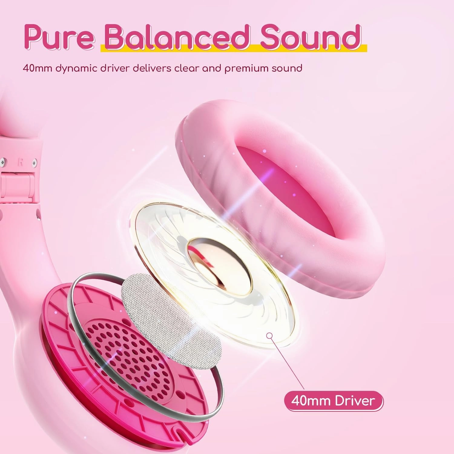 EarFun Kids Headphones Wired with Microphone, 85/94dB Volume Limit Headphones for Kids, Portable Wired Headphone with Shareport, Stereo Sound Foldable Headset for School/Tablet/Kindle Fuscia Pink