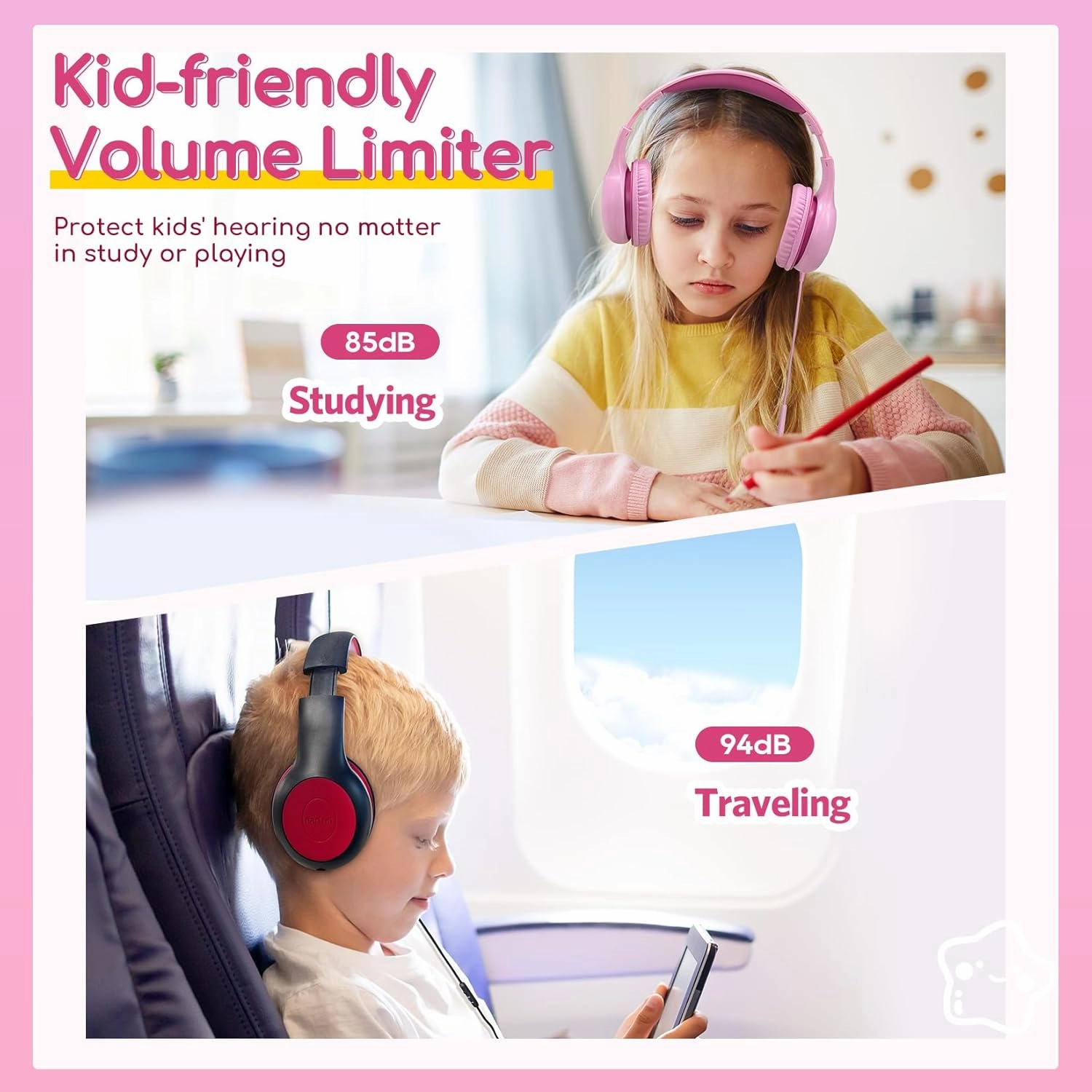 EarFun Kids Headphones Wired with Microphone, 85/94dB Volume Limit Headphones for Kids, Portable Wired Headphone with Shareport, Stereo Sound Foldable Headset for School/Tablet/Kindle Fuscia Pink