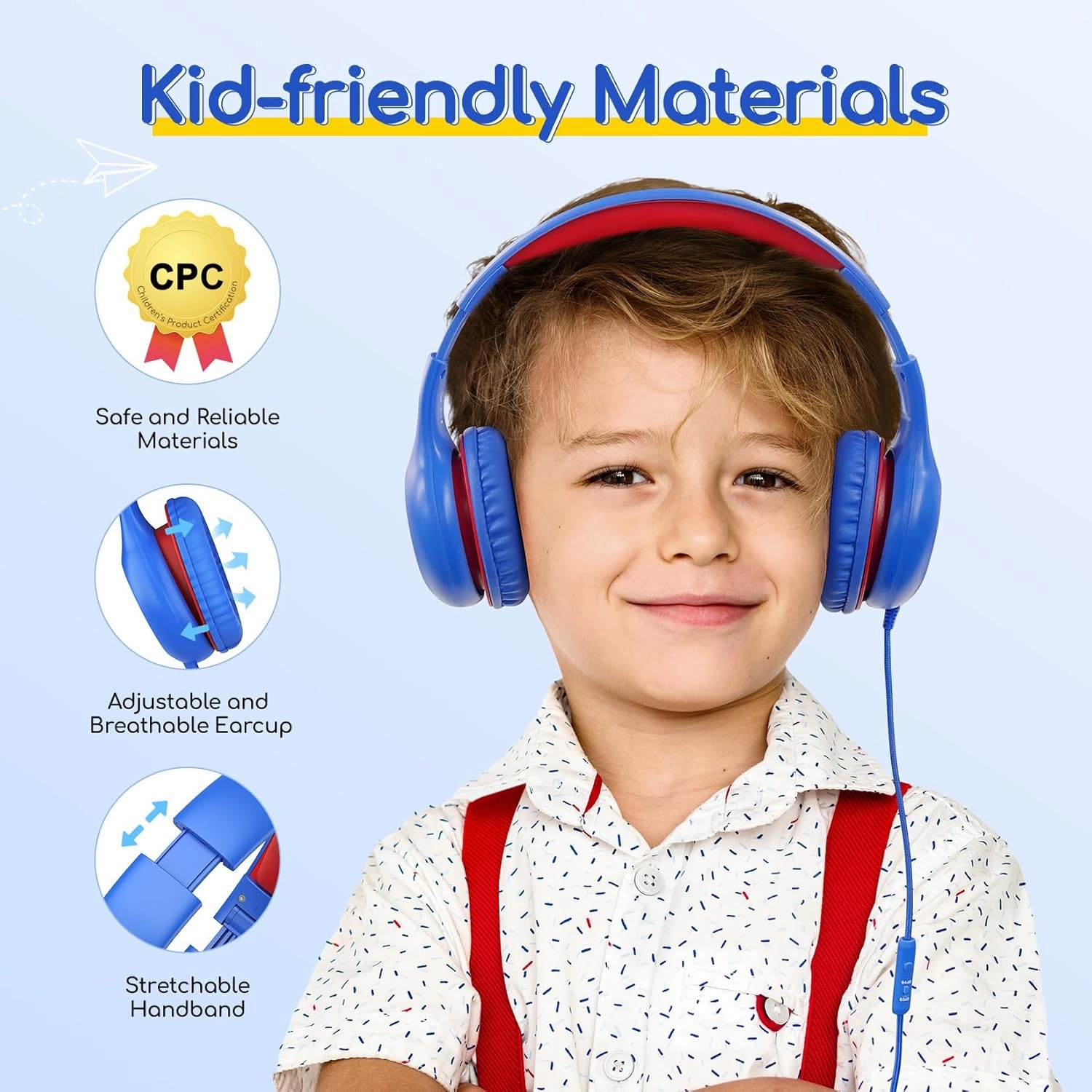 EarFun Kids Headphones Wired with Microphone, 85/94dB Volume Limit Headphones for Kids, Portable Wired Headphone with Shareport, Stereo Sound Foldable Headset for School/Tablet/PC/Kindle, Navy Red