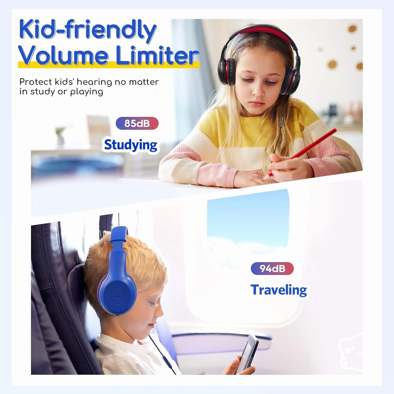 EarFun Kids Headphones Wired with Microphone, 85/94dB Volume Limit Headphones for Kids, Portable Wired Headphone with Shareport, Stereo Sound Foldable Headset for School/Tablet/PC/Kindle, Navy Red