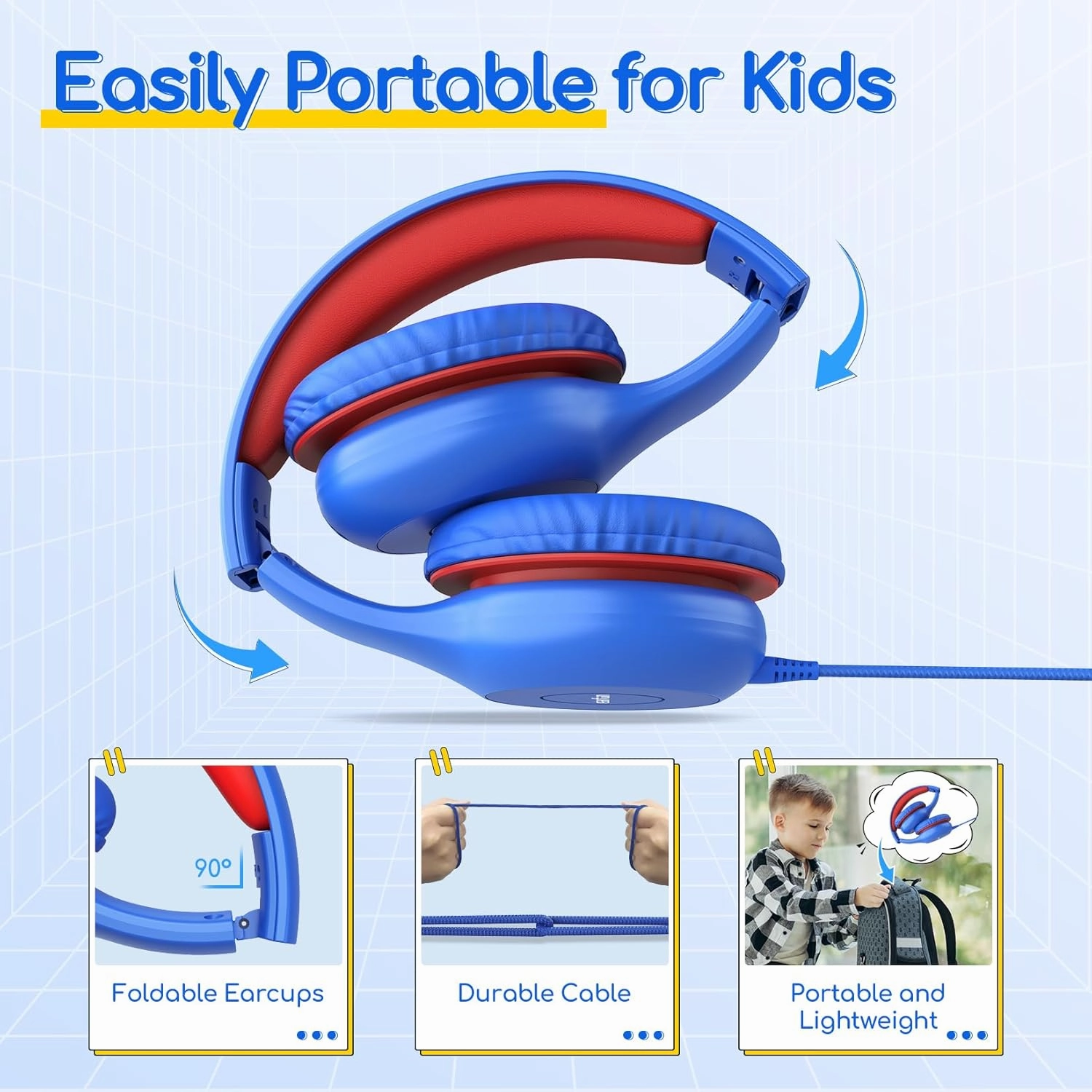 EarFun Kids Headphones Wired with Microphone, 85/94dB Volume Limit Headphones for Kids, Portable Wired Headphone with Shareport, Stereo Sound Foldable Headset for School/Tablet/PC/Kindle, Navy Red