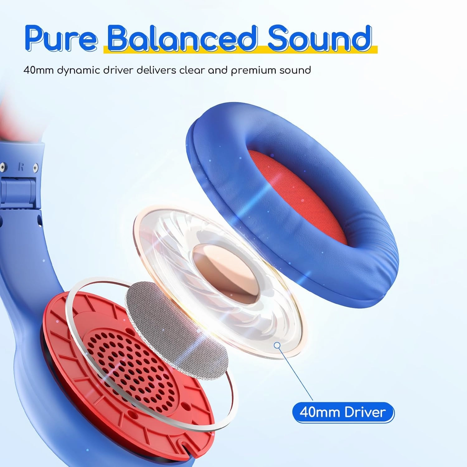 EarFun Kids Headphones Wired with Microphone, 85/94dB Volume Limit Headphones for Kids, Portable Wired Headphone with Shareport, Stereo Sound Foldable Headset for School/Tablet/PC/Kindle, Navy Red