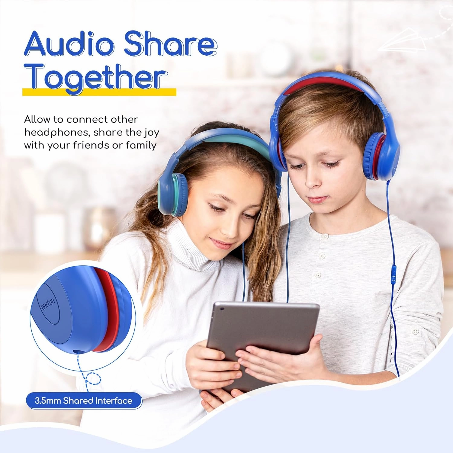 EarFun Kids Headphones Wired with Microphone, 85/94dB Volume Limit Headphones for Kids, Portable Wired Headphone with Shareport, Stereo Sound Foldable Headset for School/Tablet/PC/Kindle, Navy Red