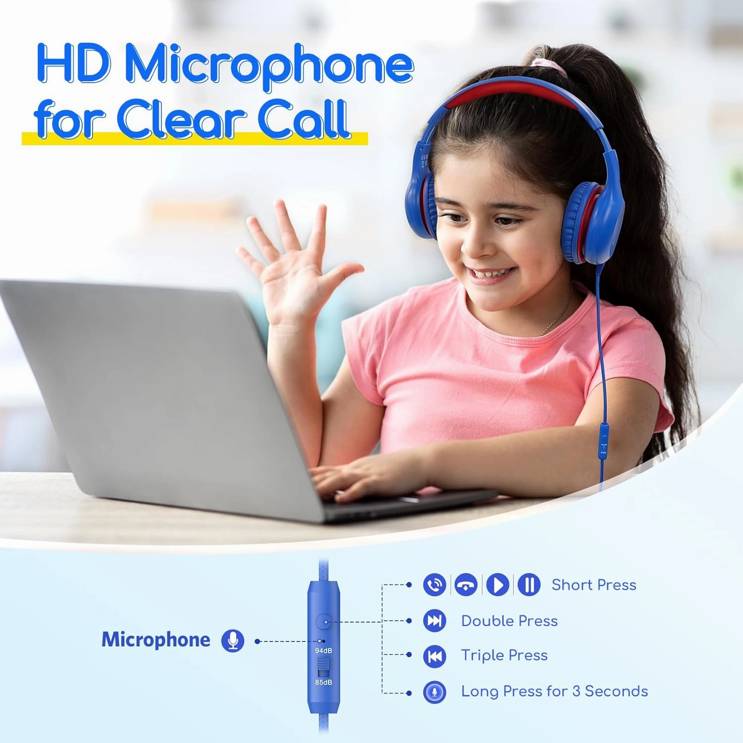 EarFun Kids Headphones Wired with Microphone, 85/94dB Volume Limit Headphones for Kids, Portable Wired Headphone with Shareport, Stereo Sound Foldable Headset for School/Tablet/PC/Kindle, Navy Red