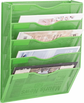 EASEPRES 5 Pocket Mesh Hanging Wall File Organizer, Wall Mounted Mail Paper Document Folder Holder, Clipboard Storage Organization Magazine Rack with Nametag Label for Office Home School, Green speaker wall mount,audio bracket,AV wall mounting,