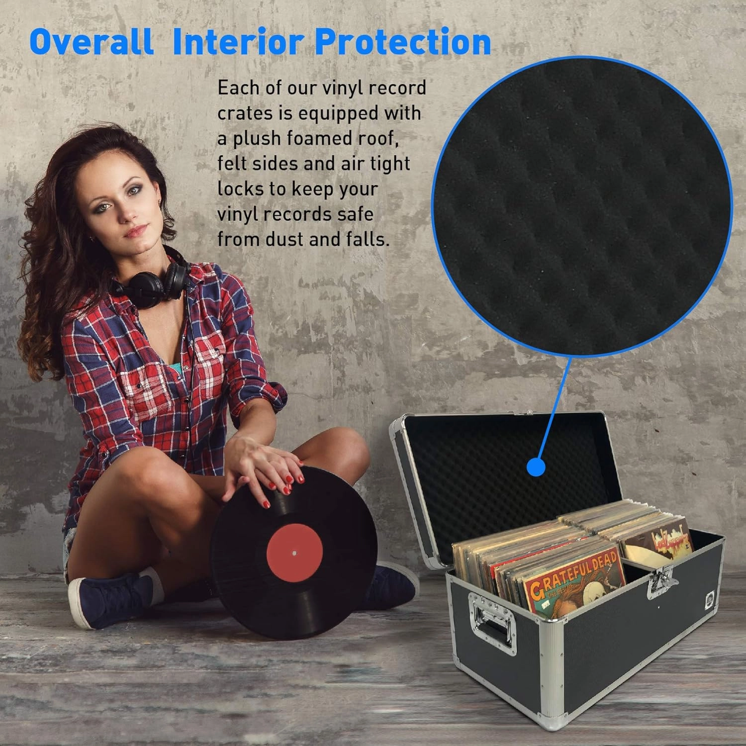 EASYGO PRODUCTS Classic Acts Vinyl Record Album Storage Case  Aluminum Lp Record Player Crates for Records (Holds 150 Records)