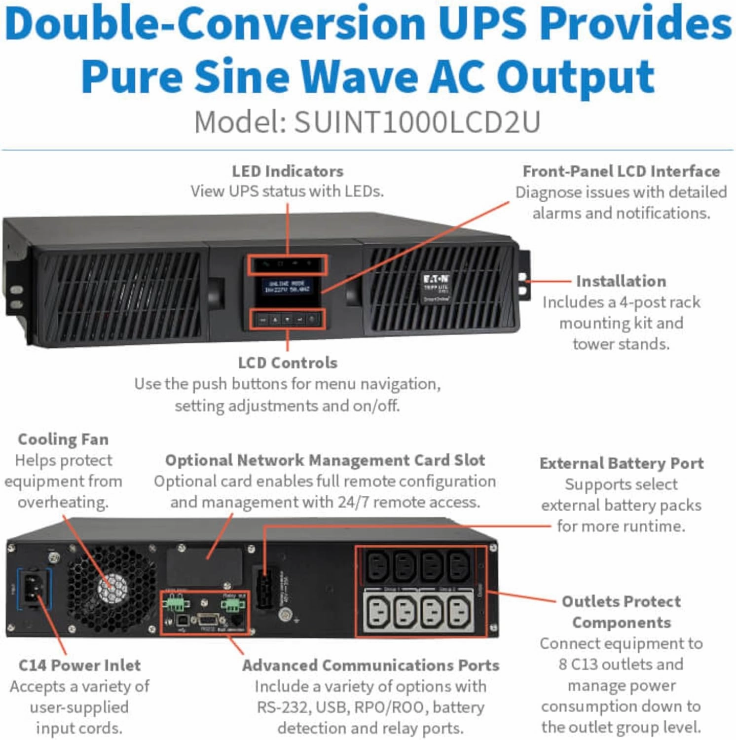 Eaton Tripp Lite Series Smart 1000VA UPS, Double-Conversion, 208/230V, 8 Outlets, 900W, Pure Sine Wave, Network Card Option, 2U Rackmount, 2-Year Warranty & $250,000 Insurance (SUINT1000LCD2U)