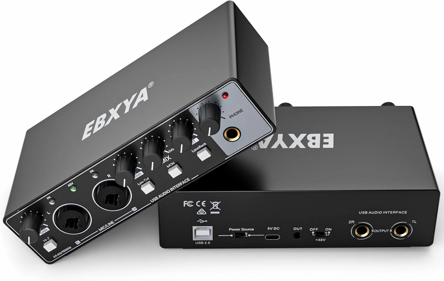 EBXYA 2i2 USB Audio Interface for PC and Mac, 24-bit/192kHz Interface for Recording Music, Studio, Guitar, Podcast, Streaming(Metallic Black) audio interface,USB interface,music recording input,