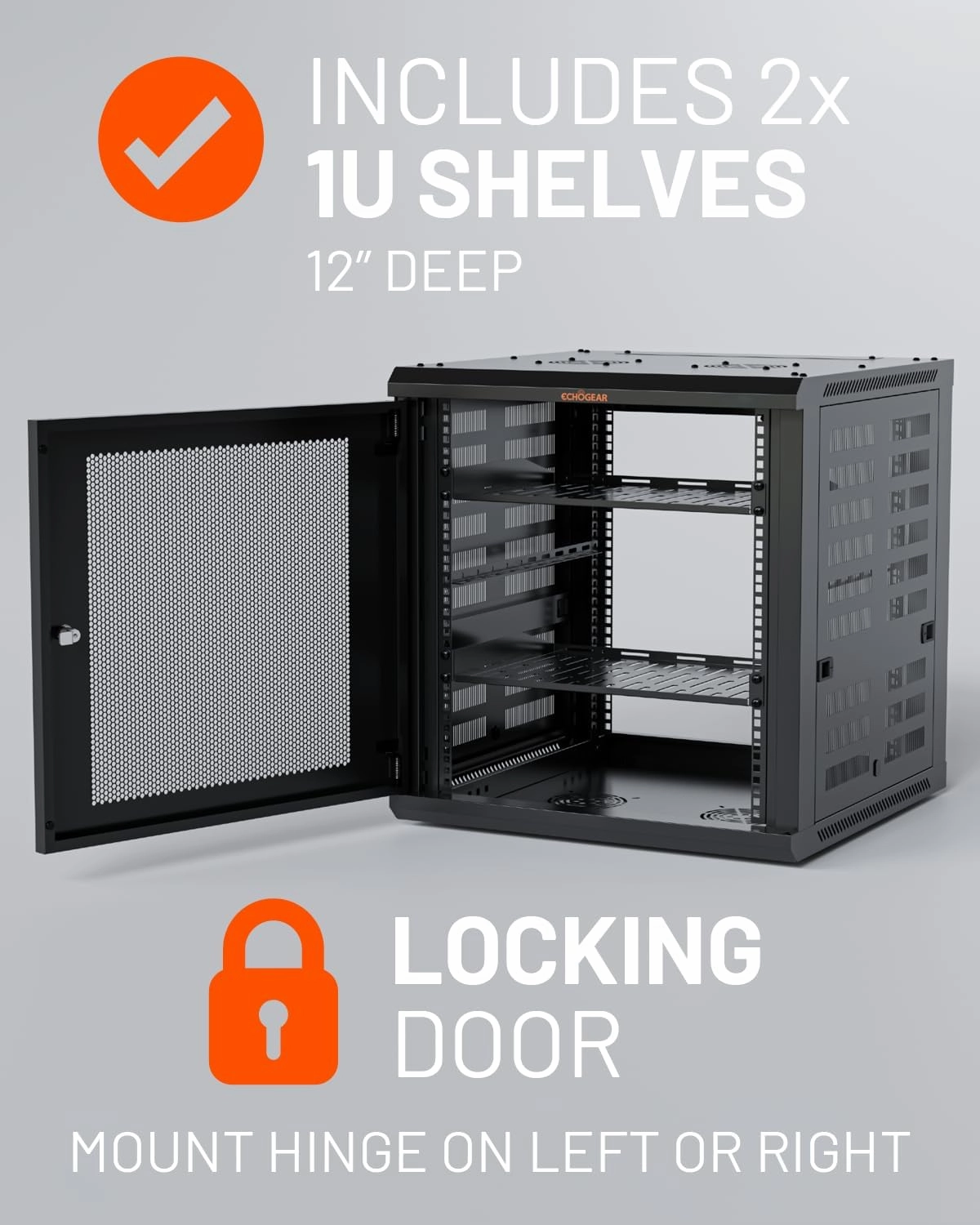 ECHOGEAR 12U Network Rack - Enclosed Wall Mount Rack Kit Includes 2X 1U Shelves, Pre-Mounted Fan, Lockable Door & Hardware - 600mm Depth Fits All Your AV Gear