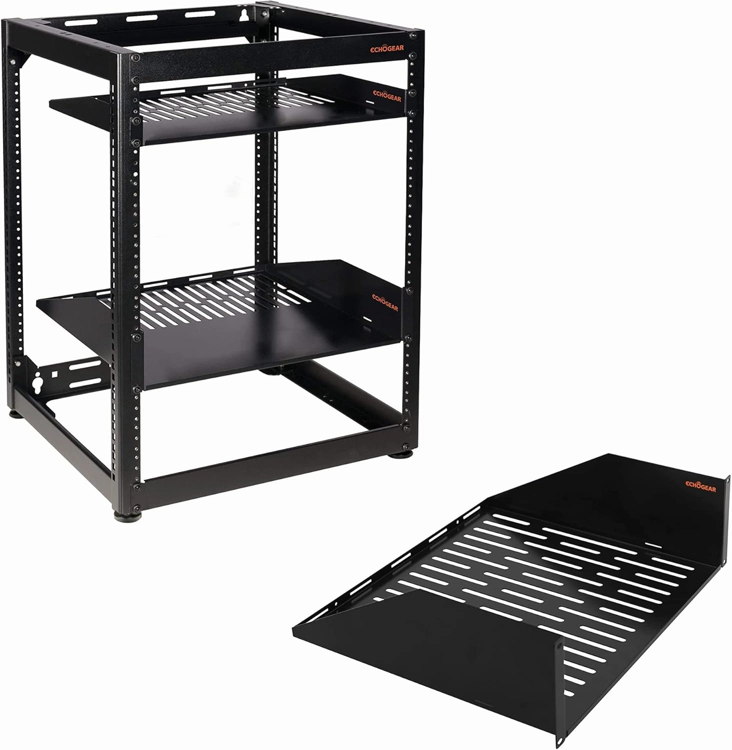 ECHOGEAR 15U Open Frame Rack with 1U, 2U, 3U Vented Shelves & Accessories - Black, Metal, Rack & Wall Mount, Compatible with Server, Networking Gear, AV Components music server,hi-fi media server,digital audio storage,