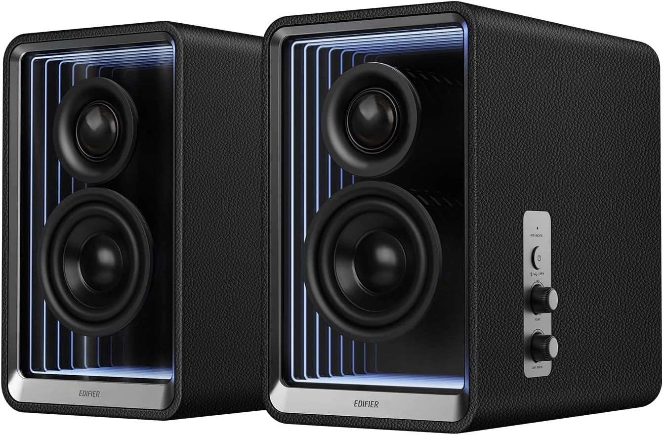 Edifier QR65 Desktop Active Monitor with 2.75" Long-Throw Aluminum Diaphragm mid-Low Drivers, Hi-Res Audio, Brilliant Light Effects, 70W Output Power Bluetooth Speakers with Stands - Black bookshelf speakers,compact stereo speakers,hi-fi shelf speaker