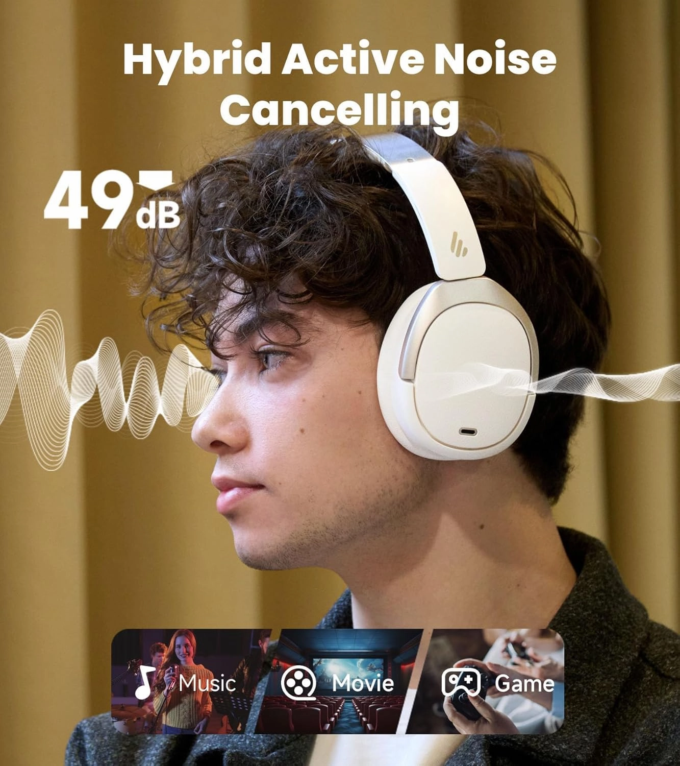 Edifier W80 Over Ear Headphones with -49dB Active Noise Cancelling, LDAC AAC Hi-Res Wired & Wireless, AI Clear Call, Fast Charging, Multipoint Connection, Bluetooth V5.4 - Ivory