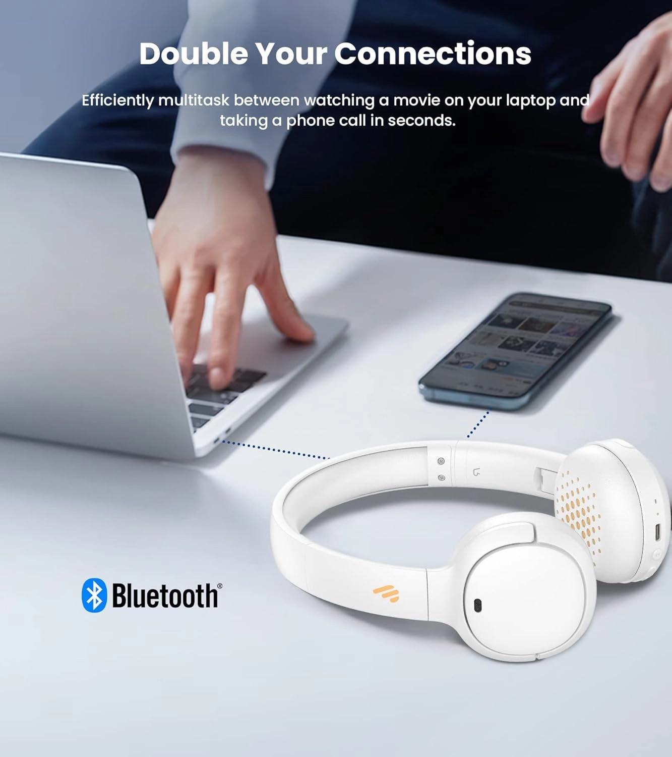 Edifier WH500 Wireless On-Ear Headphones with Foldable Lightweight Design and Solid Bass, Bluetooth Headset with Microphone, 40H Music Playtime and Custom EQ via App for Home Office Travel (White)