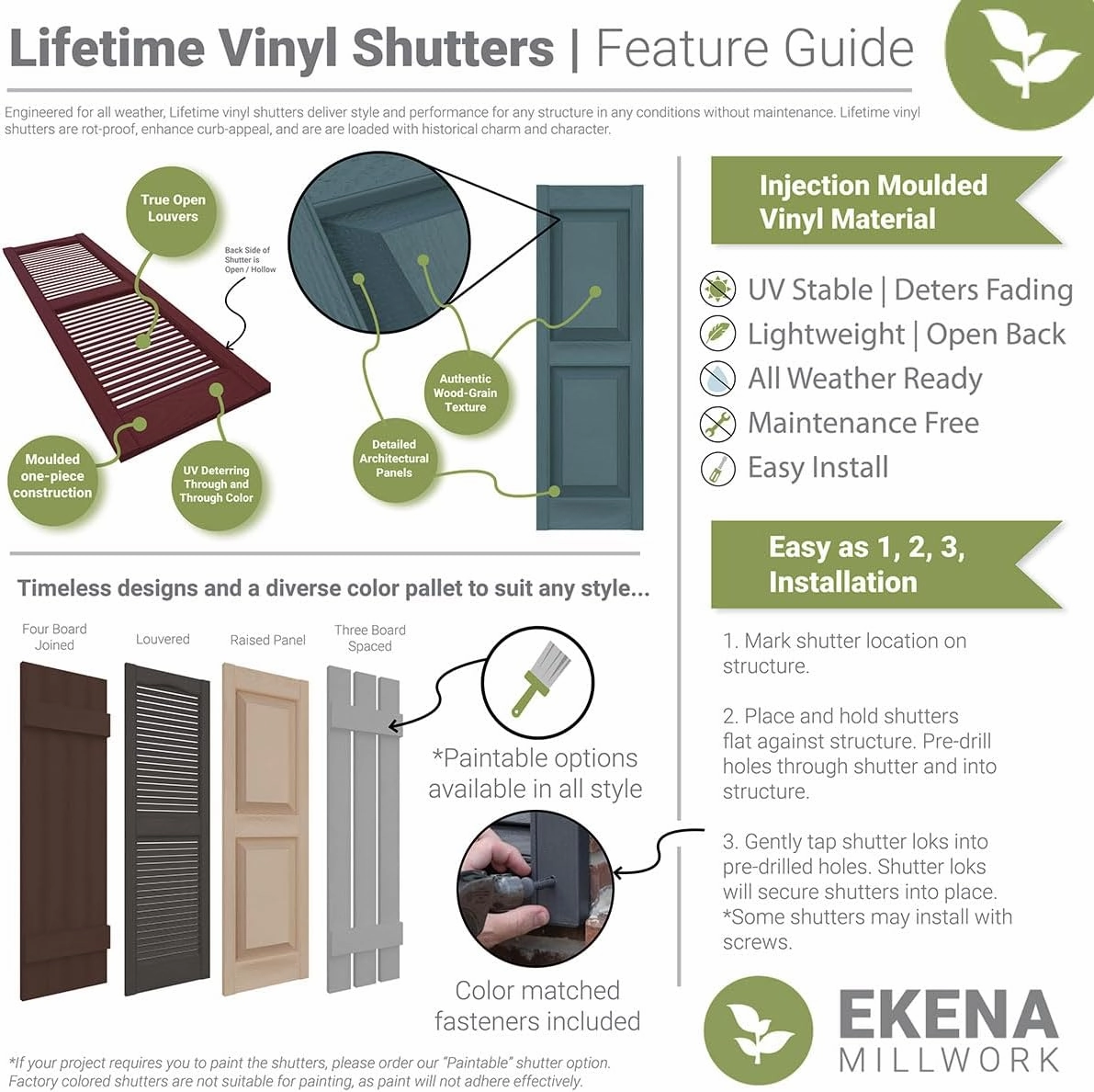 Ekena Millwork Lifetime Vinyl LL1S14X03900FG Standard Cathedral Top Center Mullion, Open Louver Vinyl Shutters, w/Installation Shutter-Lok's & Matching Screws (Per Pair), 14.5"W x 39"H, Forest Green