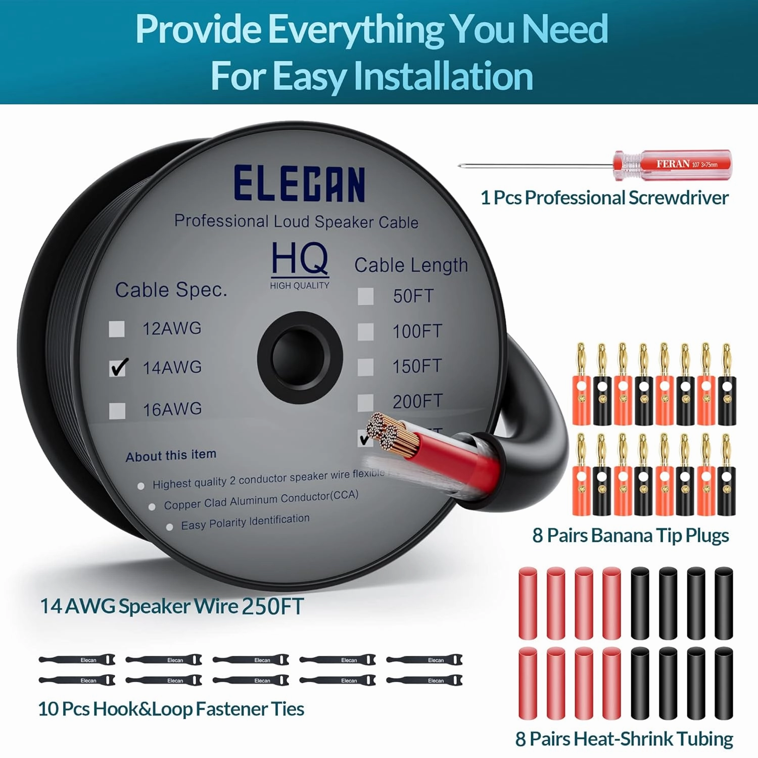 Elecan Pro Series 14/2 Outdoor Speaker Wire Cable 250 Ft 14 Gauge AWG with Tool Kits-Direct Burial in Wall CL3 CL2 Rated-PVC Jacket&Film&Cotton for Home Theater,Car Audio Speaker,Stereos-Black