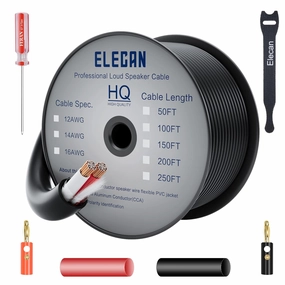 Elecan Pro Series 14/2 Outdoor Speaker Wire Cable 250 Ft 14 Gauge AWG with Tool Kits-Direct Burial in Wall CL3 CL2 Rated-PVC Jacket&Film&Cotton for Home Theater,Car Audio Speaker,Stereos-Black outdoor speakers,weatherproof speakers,patio audio syst