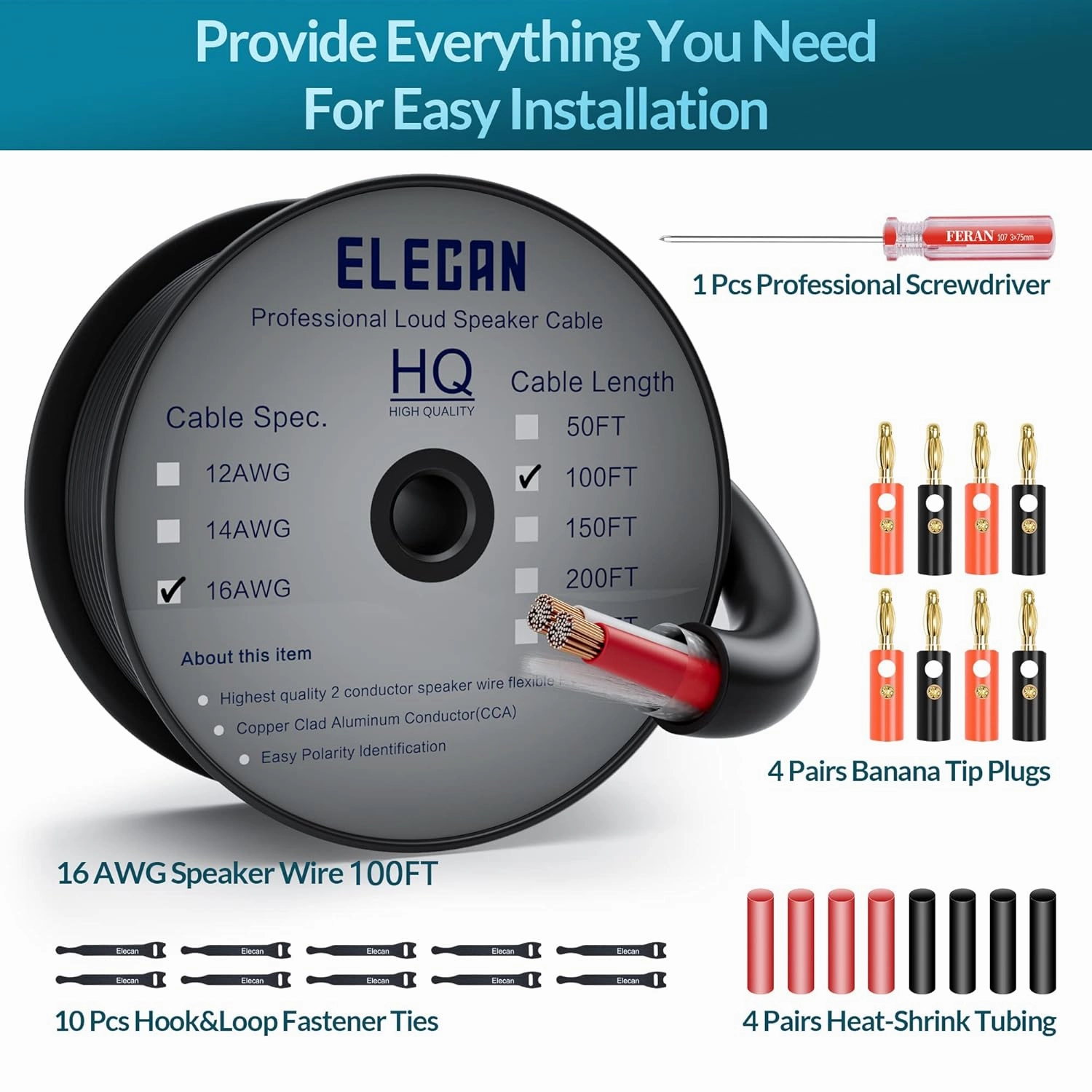 Elecan Pro Series 16/2 Outdoor Speaker Wire Cable 100 Ft 16 Gauge AWG with Tool Kits-Direct Burial in Wall CL3 CL2 Rated-PVC Jacket&Film&Cotton for Home Theater,Car Audio Speaker,Stereos-Black