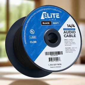 Elite 14/4 Speaker Wire, 14AWG/4-Conductor, UL Listed, CMR/CL3R, (Riser/in-Wall & Outdoor/In-Ground (Direct Burial)- 100% Oxygen Free Pure Bare Copper (OFC), 100ft Bulk Cable (105 Strands) Black speaker cable,audio wire,hi-fi speaker cord,